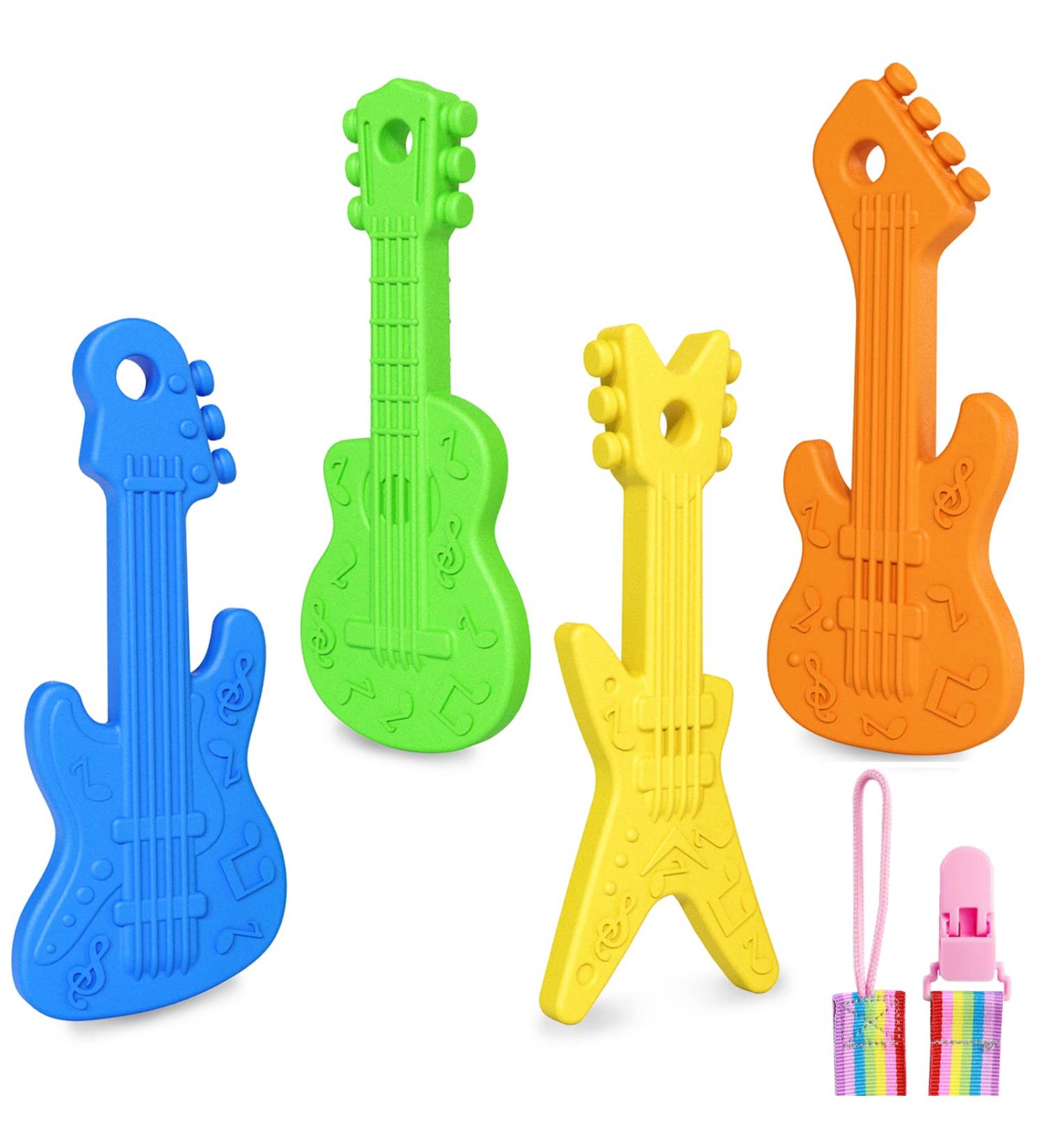 Meartchy 4 Pack Cartoon Guitar Teething Toys for Babies 0-24 Months - Silicone Chew Toy Set - Buy Online on SooperMarket.com