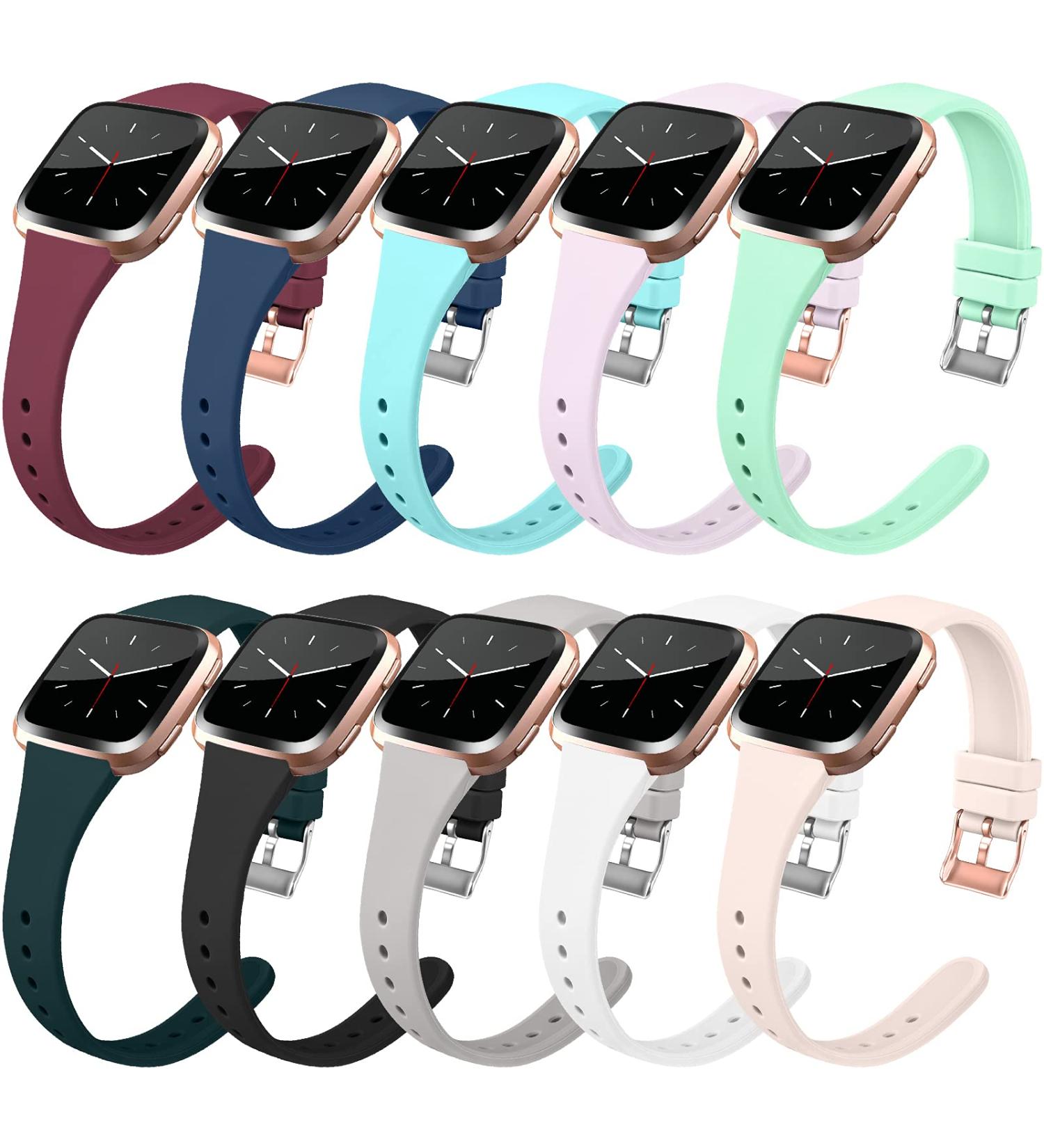 10 Pack Slim Bands Compatible with Fitbit Versa 2 for Women Men - Soft Silicone Replacement Wristbands - Small Size - Wine Red/Navy Blue/Dark Green/White/Light Blue/Black/Gray/Mint - Metal Buckle - Fits Fitbit Versa, Versa 2, Versa Lite - Buy Online on SooperMarket.com