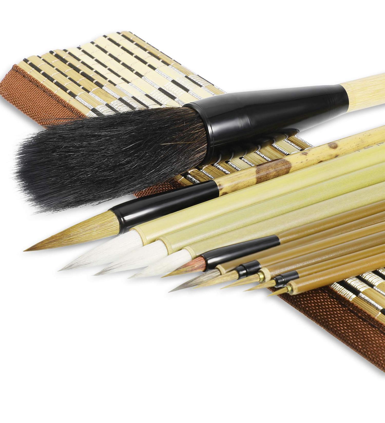 11 Pcs Chinese Calligraphy Brushes Set with Bamboo Holder - Japanese Style Sumi Painting Brushes for Kanji Art - Buy Online on SooperMarket.com