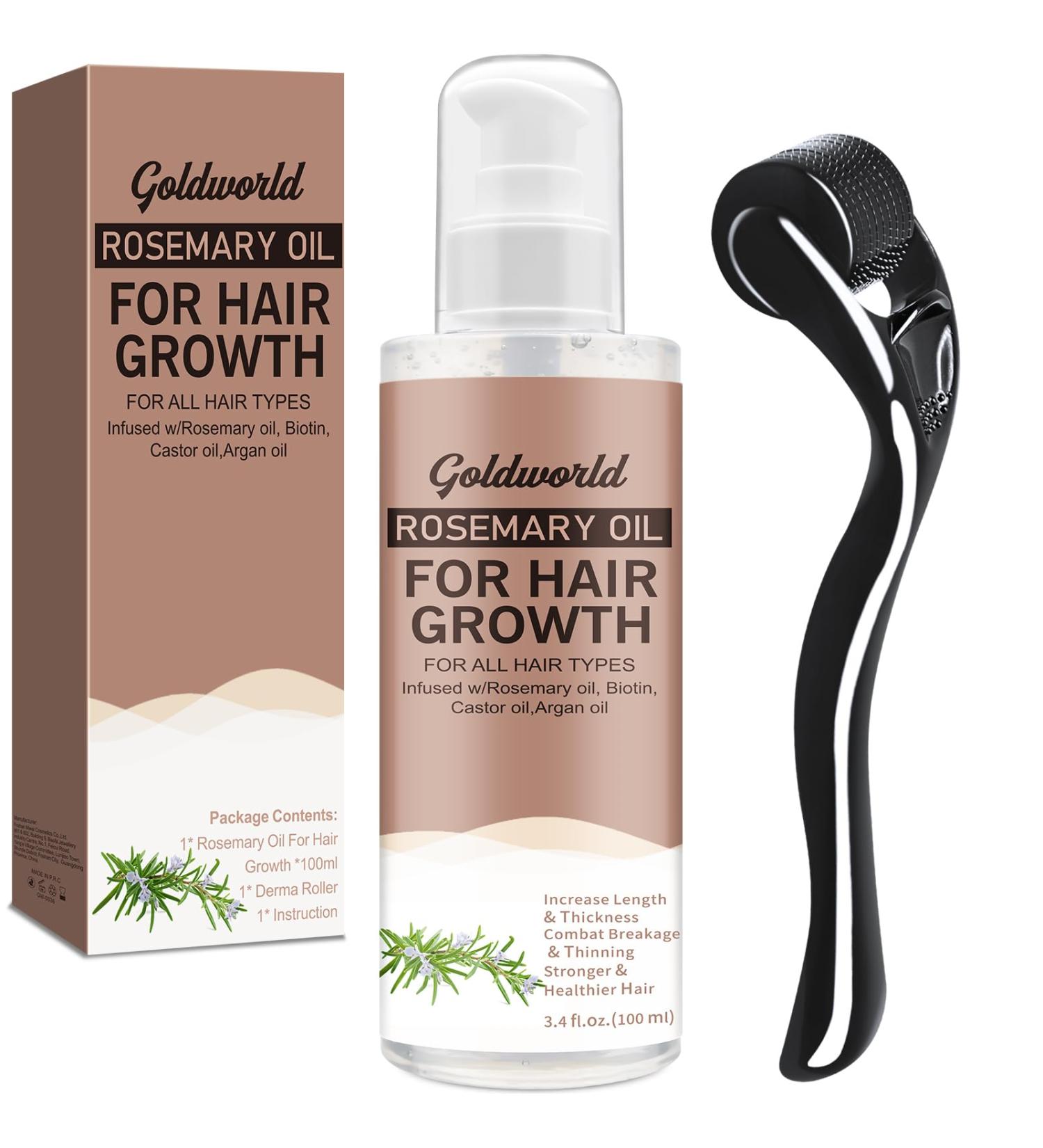 GoldWorld Rosemary Oil for Hair Growth w/Derma Roller Hair Growth Men Women 100ml Light-Weight Non-Greasy Hair Growth Oil Serum Reduce Beard Hair Loss Diluted Rosemary Oil Dry Damaged Hair Tonic - Buy Online on SooperMarket.com