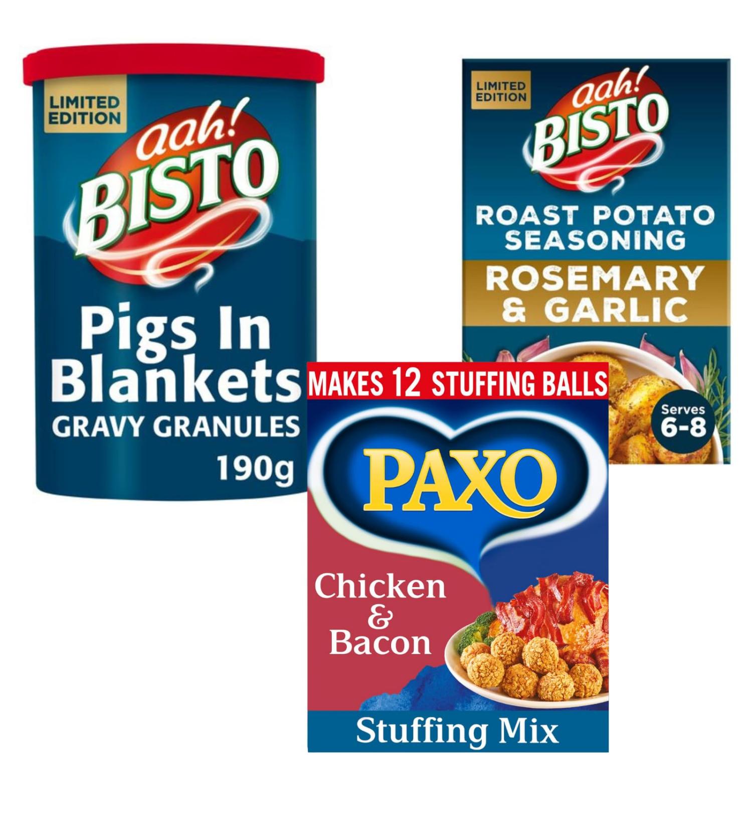 Christmas Dinner Bundle: Bisto Pigs In Blankets Gravy, Paxo Chicken & Bacon Stuffing, Bisto Rosemary & Garlic Potato Seasoning - Buy Online on SooperMarket.com