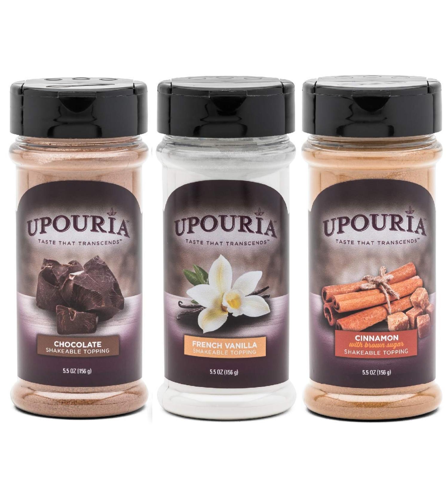 Upouria Coffee Topping Variety Pack - Chocolate, Cinnamon, Brown Sugar, French Vanilla - 3 Pack of 5.5 oz Shakeable Jars - Buy Online on SooperMarket.com