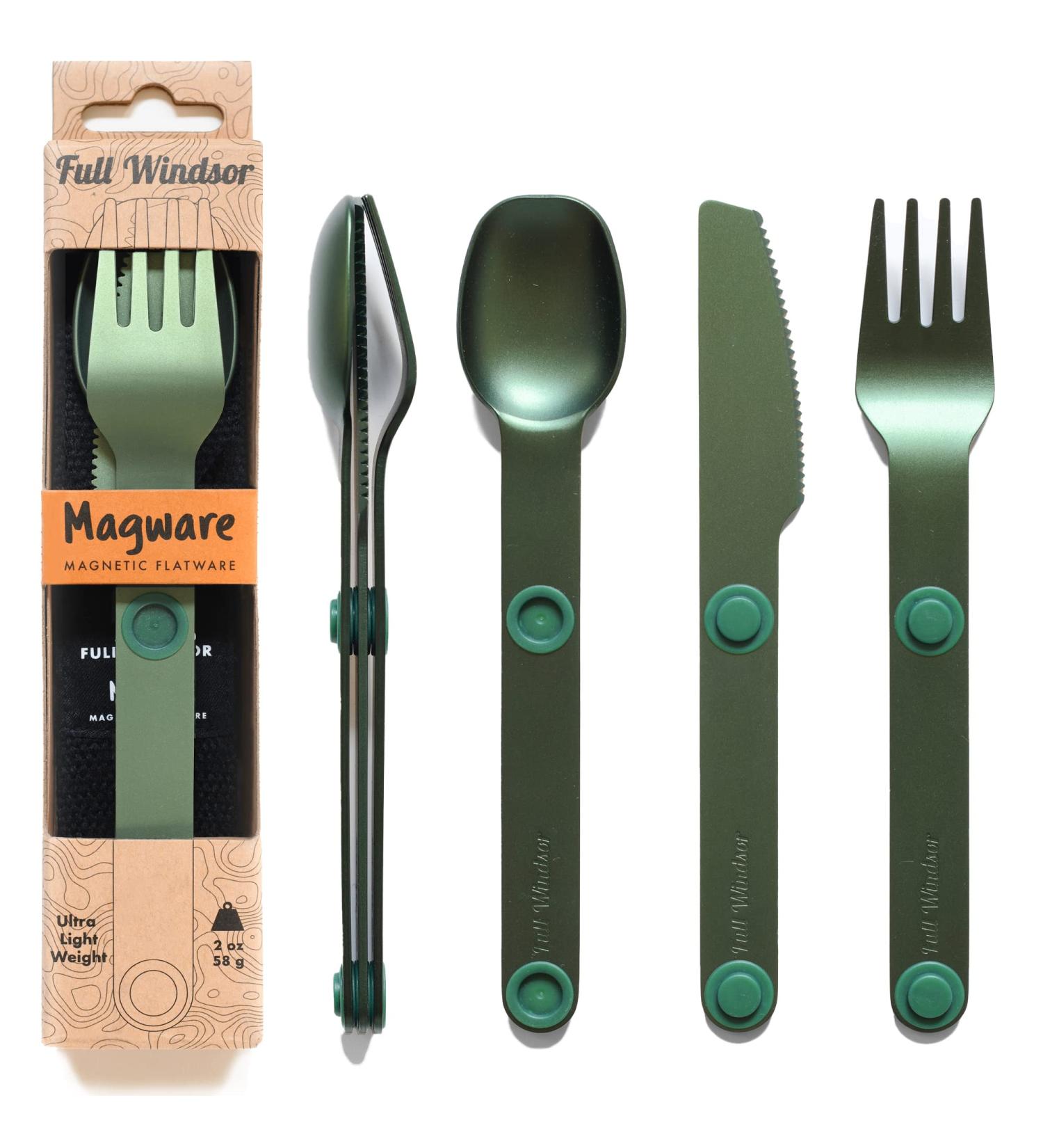 MAGWARE Magnetic Camping Utensils Set - Portable Metal Travel Flatware with Case | Camping Cutlery Set with Knife, Fork & Spoon | Reusable Utensils for Camping, Picnic, Office & Kid's Lunchbox - Green - Buy Online on SooperMarket.com
