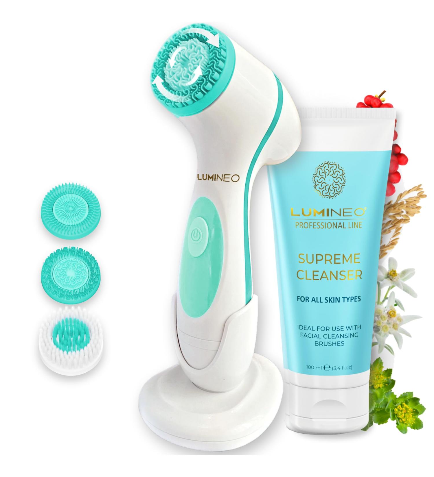 Lumineo Electric Facial Cleansing Brush with 3 Silicone Heads & Cleansing Gel - Turquoise | Removes Blackheads, Peels & Cleans Pores | USB Rechargeable | For All Skin Types - Buy Online on SooperMarket.com