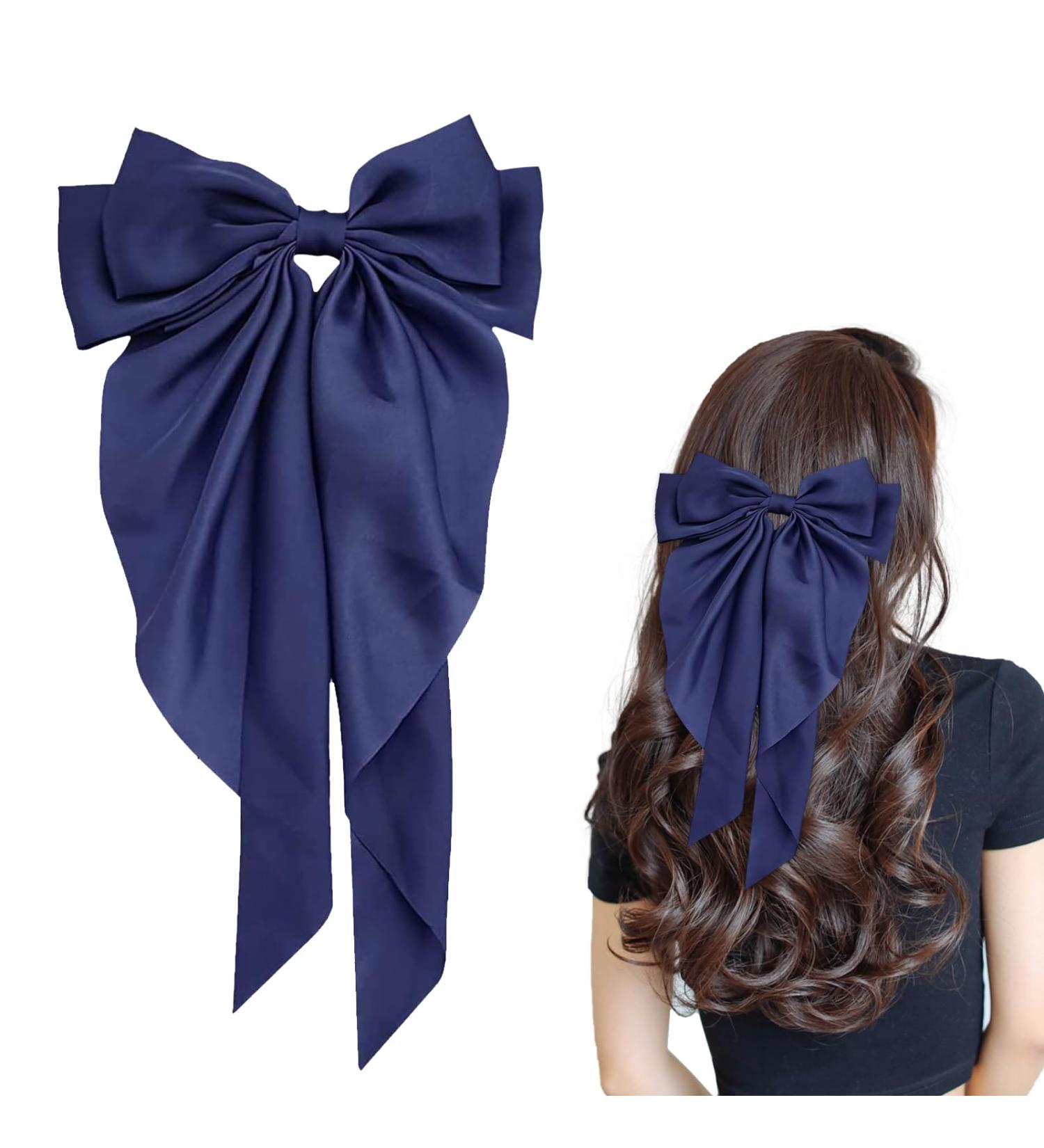 Navy Blue Bow Clips for Women Satin Hair Bow for French Long Tail Elegant and Cute Big Bows for Hair About Solid Soft Hair Accessories Birthday Wedding Party Gifts - Buy Online on SooperMarket.com