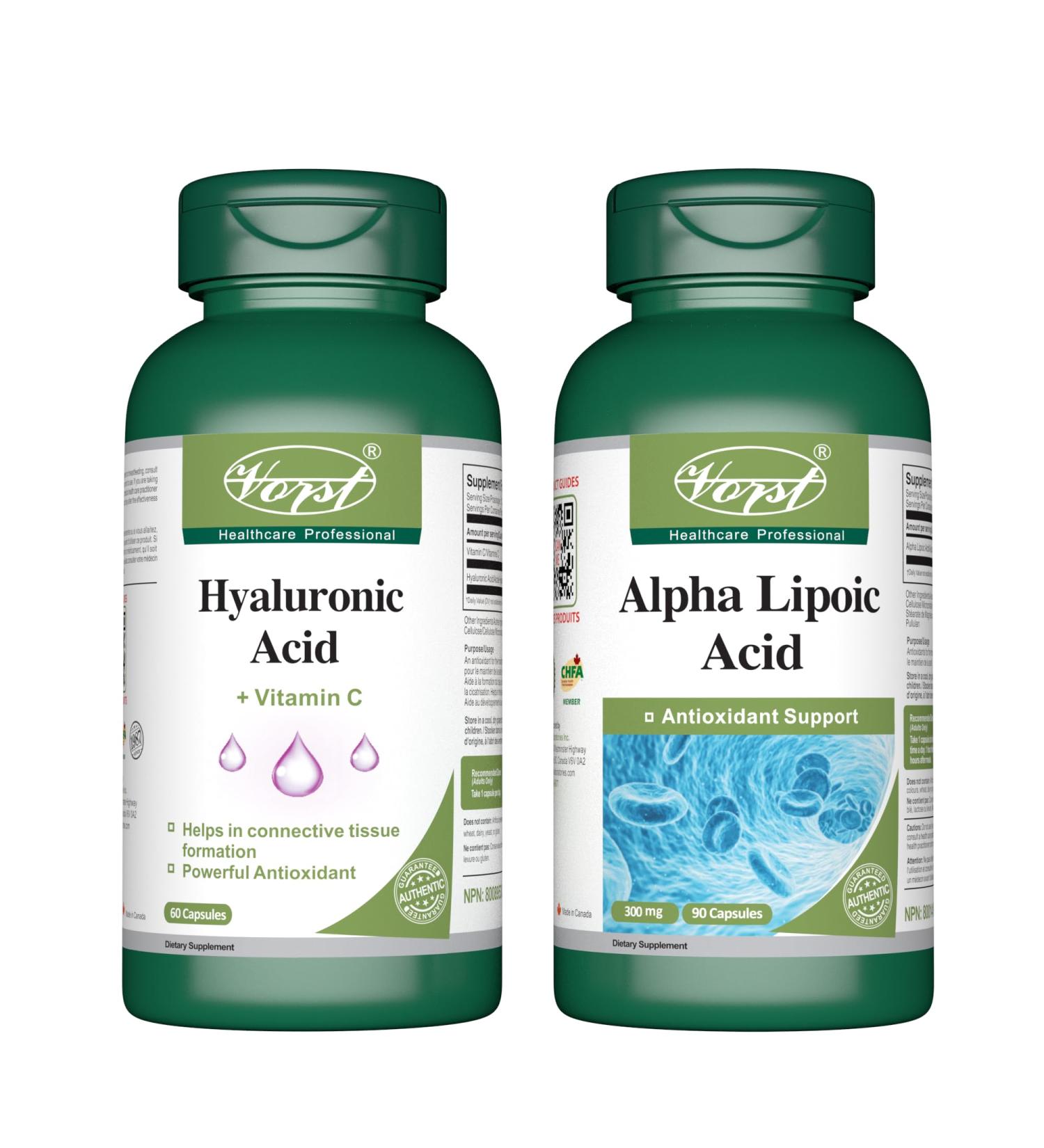 VORST Hyaluronic Acid with Vitamin C 60 Capsules & Alpha Lipoic Acid 300mg 90 Capsules (Combo Bundle 2 Bottles) - Buy Online on SooperMarket.com