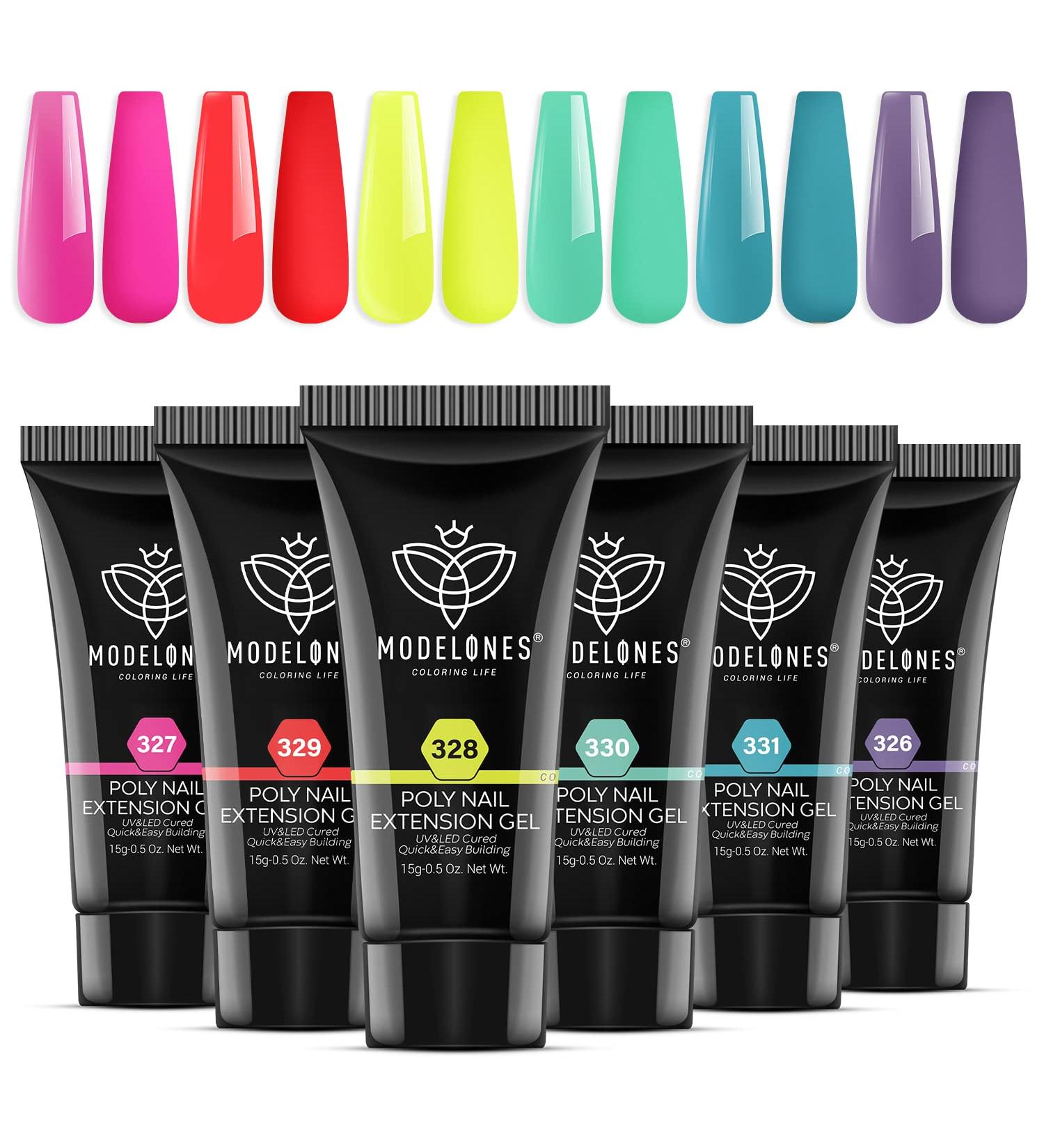 Modelones Poly Nail Gel Set - 6 Colors Forever Young Collection - Turquoise, Purple, Blue, Neon Yellow, Hot Pink - Poly Extension Gel Nail Enhancement Builder for Spring and Summer - French Manicure DIY Home Beauty Gift - Buy Online on SooperMarket.com