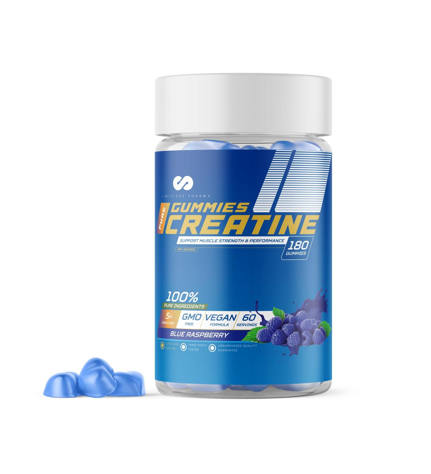 Limitless Pharma Pure Creatine Gummies | 5g Creatine Monohydrate | Increases Muscle Strength Endurance & Performance | Low Sugar GMO Free Vegan | 60 Servings 180 Gummies (Blue Raspberry) - Buy Online on SooperMarket.com