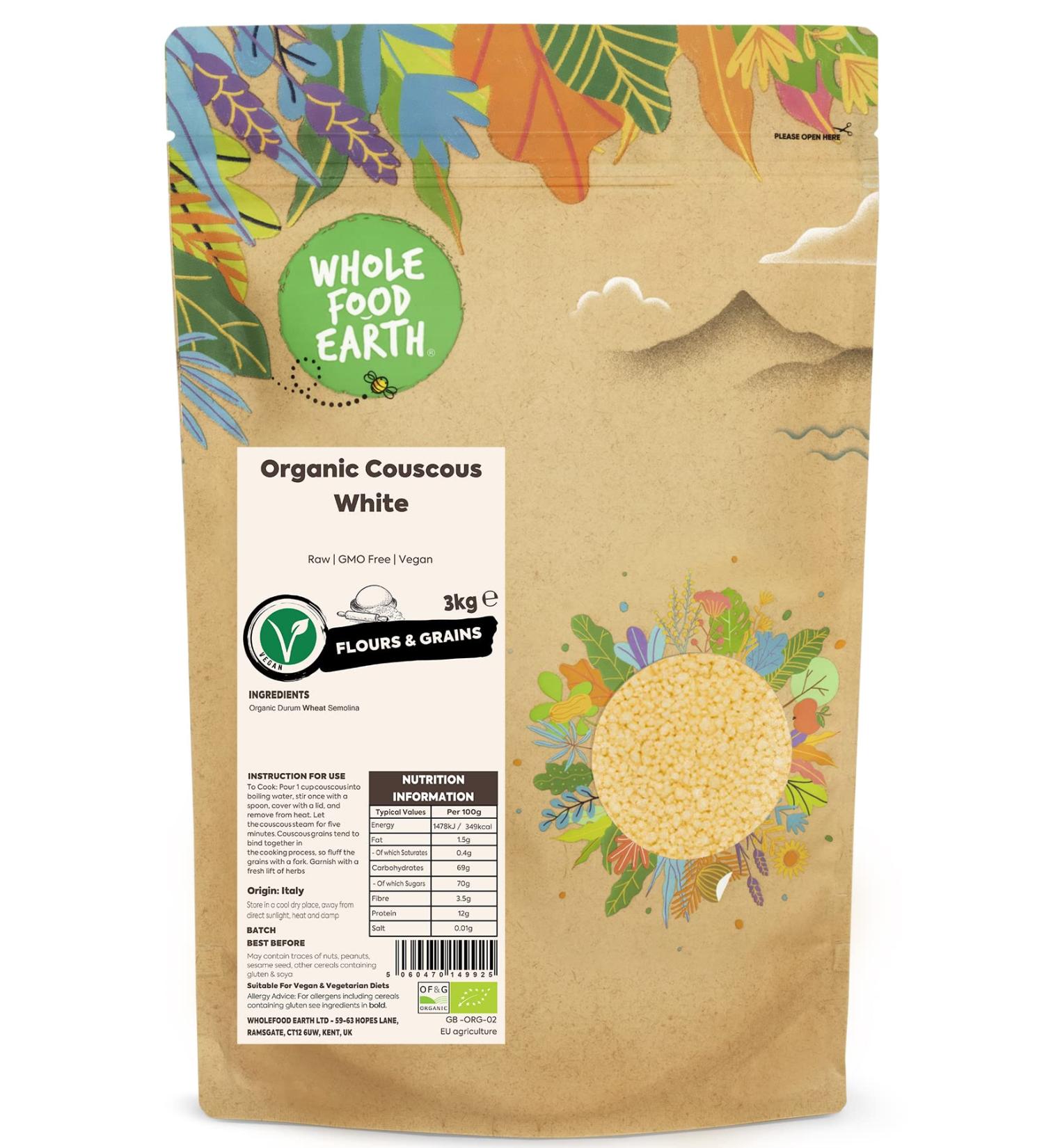 Wholefood Earth Organic White Couscous 3kg - GMO Free, Vegan, Certified Organic - Buy Online on SooperMarket.com