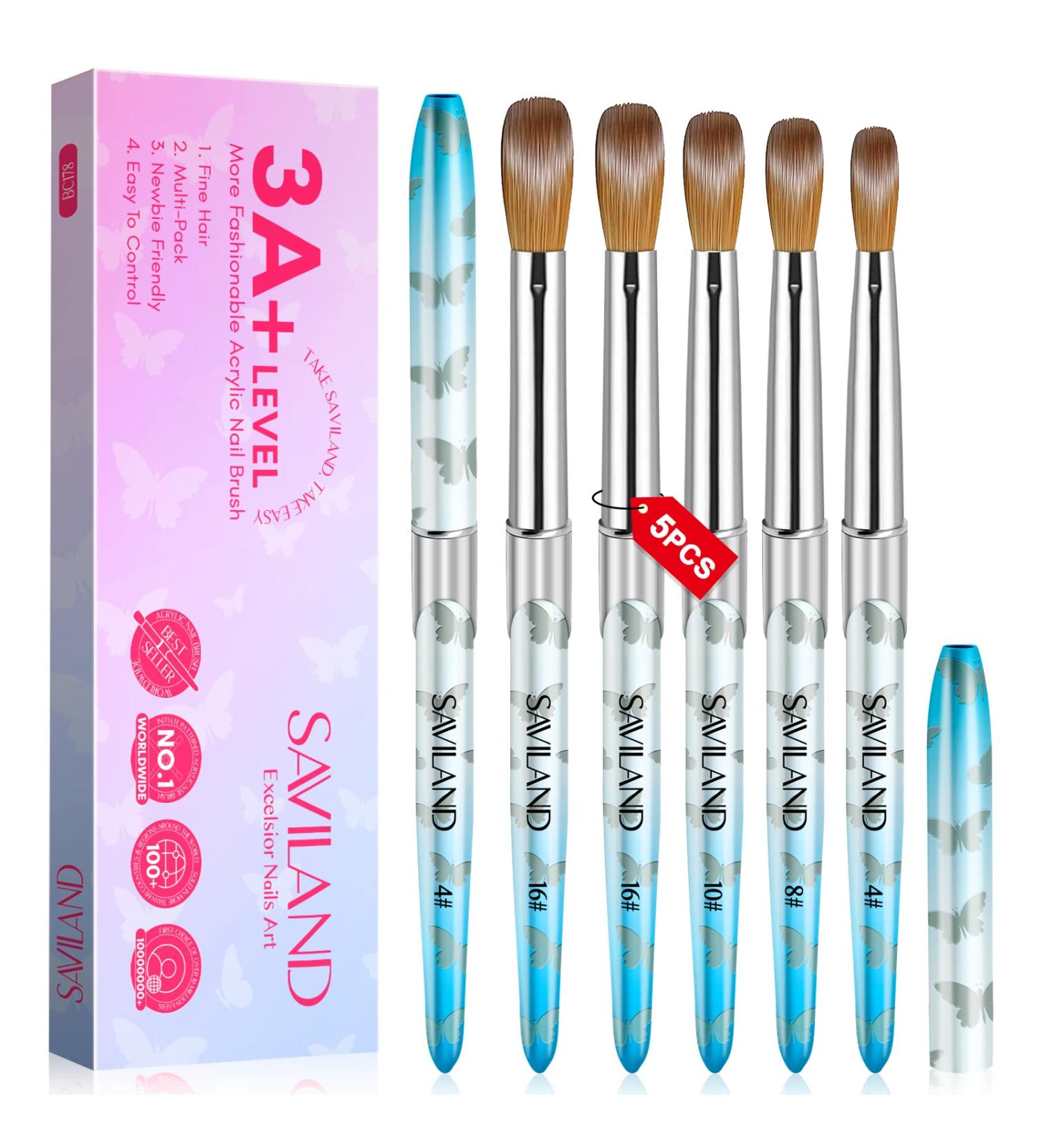 Saviland Professional Kolinsky Acrylic Nail Brush Set - 5PCS | Size 4/8/10/12/16 | Highly Absorbent Bristles for Acrylic Powder & Liquid | Nail Extension & Carving | Blue 02-Blue - Buy Online on SooperMarket.com