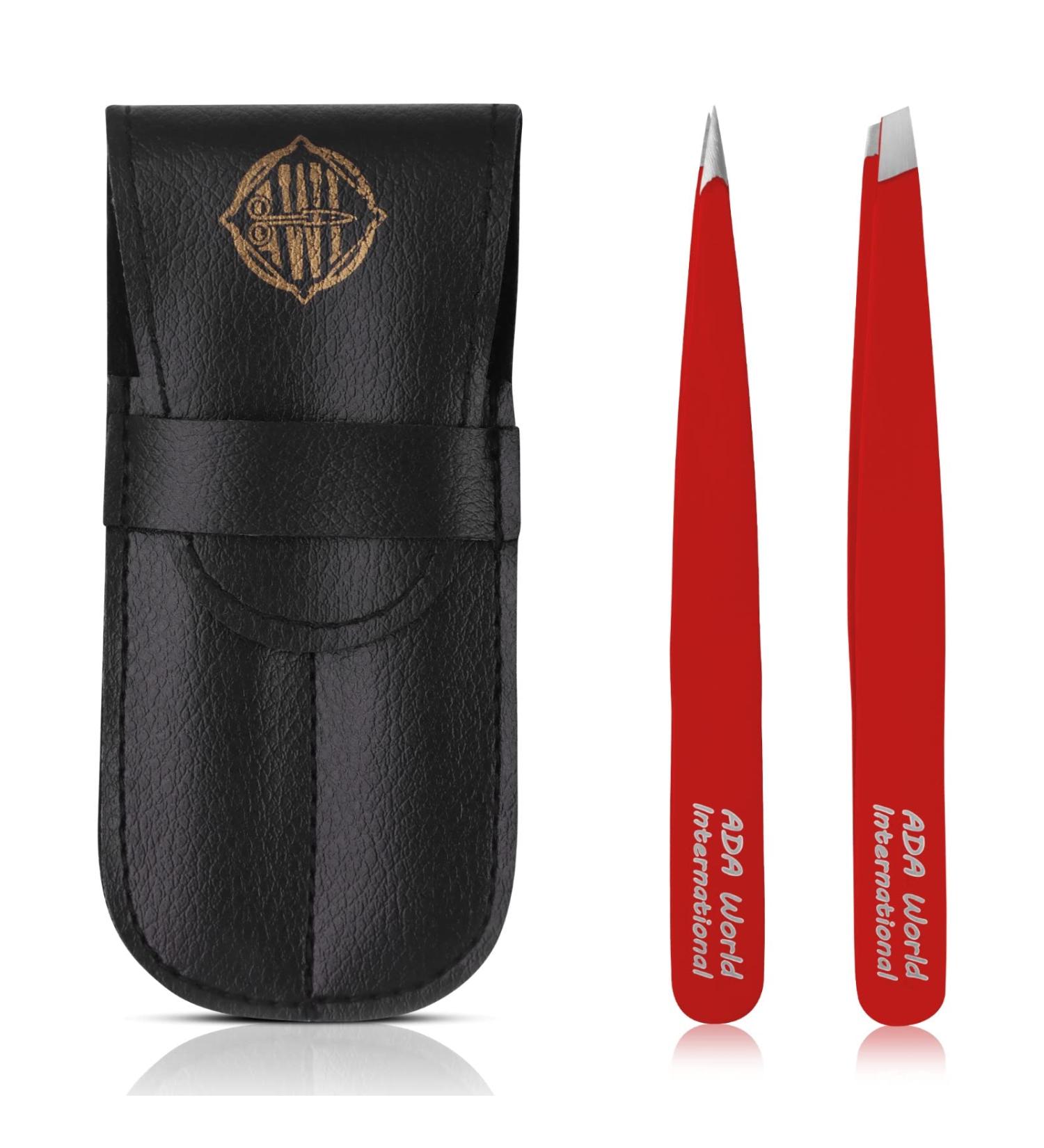 Professional Stainless Steel Precision Tweezers Set - 2 Pcs for Eyebrows, Ingrown Hair, Facial Hair Removal - Red - Buy Online on SooperMarket.com