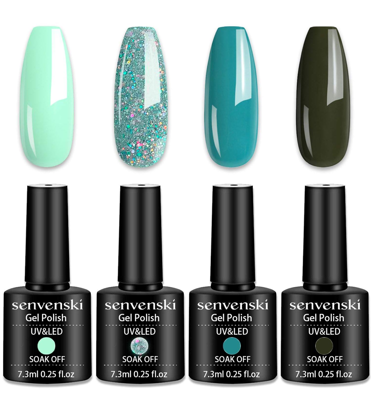 Senvenski Teal Gel Nail Polish Set - Blue Glitter Mint Olive Aqua Green Emerald Turquoise Shimmer - Starrily Sparkle Crystal - Soak Off UV LED Varnish Kit (CS007) - Buy Online on SooperMarket.com