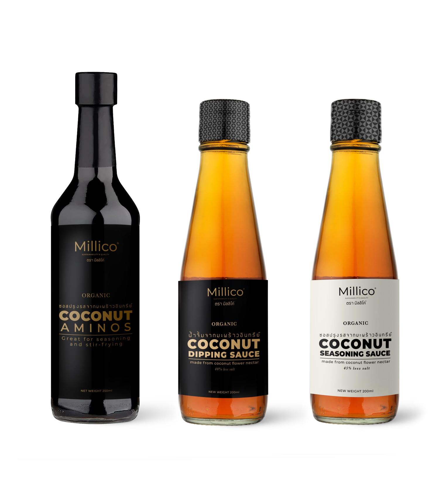 Millico Organic Coconut Cooking Sauces and Condiments Bundle - Excellent for cooking stir-frying espacially for Thai Cuisine soy free less sodium made from coconut flower nectar & sea salt - Buy Online on SooperMarket.com