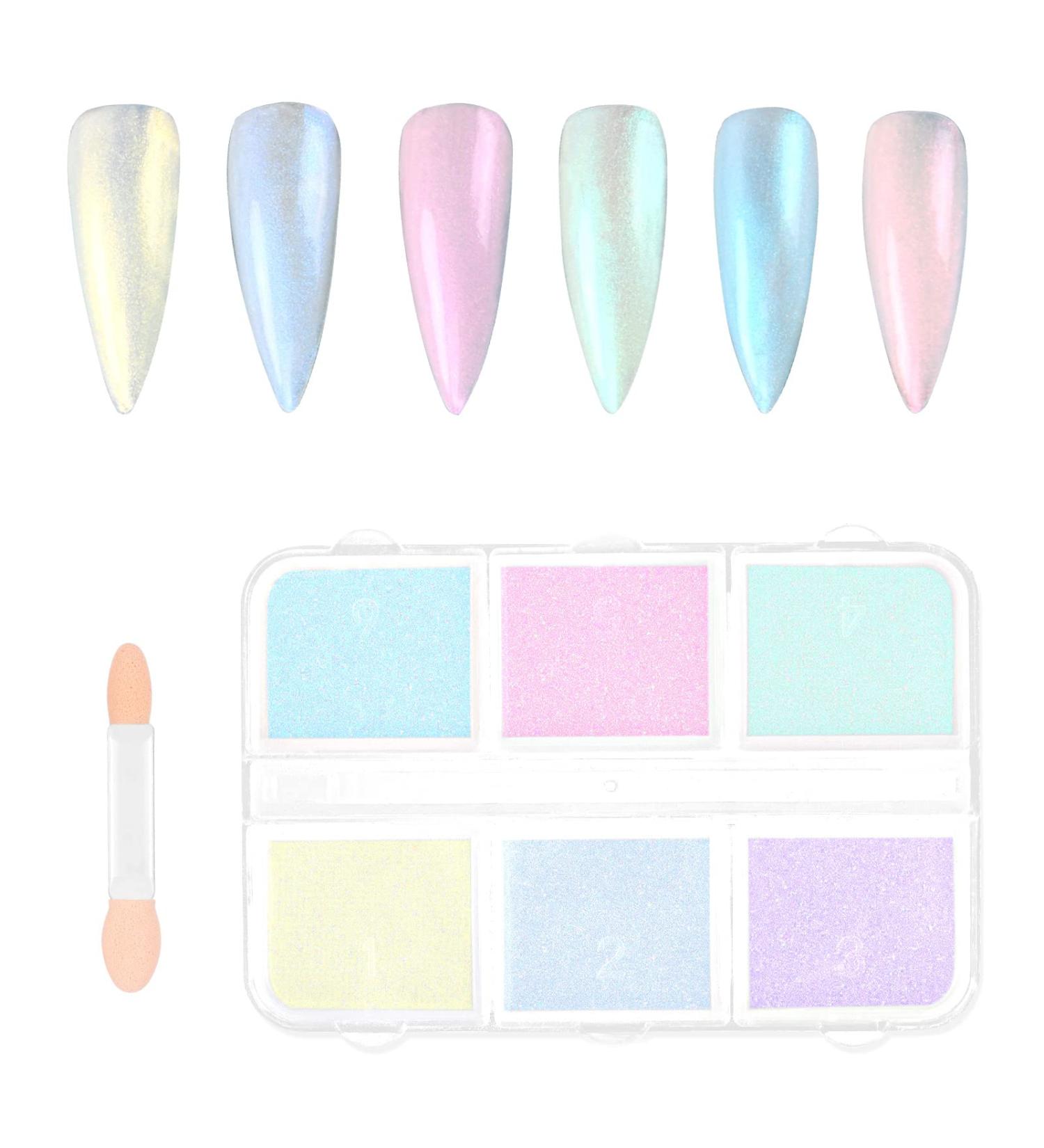 URAQT Chrome Nail Powder Set - 6 Colors Holographic Glitter Dust Powders for Manicure - Mirror Effect Pearl Pigment with Sponge Brush - DIY Nail Art Decoration - Buy Online on SooperMarket.com