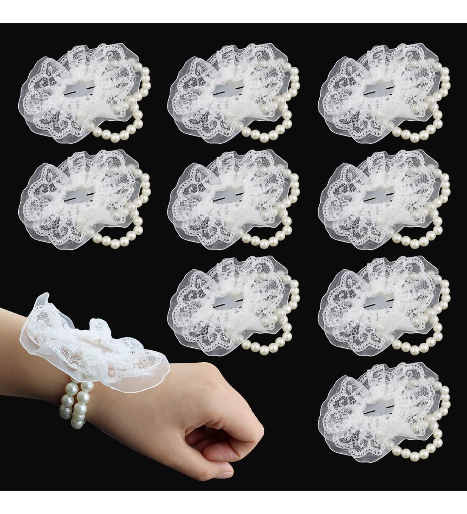 10 Pack Elastic Pearl Wrist Corsage Bands - DIY Wrist Corsages for Bride & Prom - White Lace Accessories - Buy Online on SooperMarket.com
