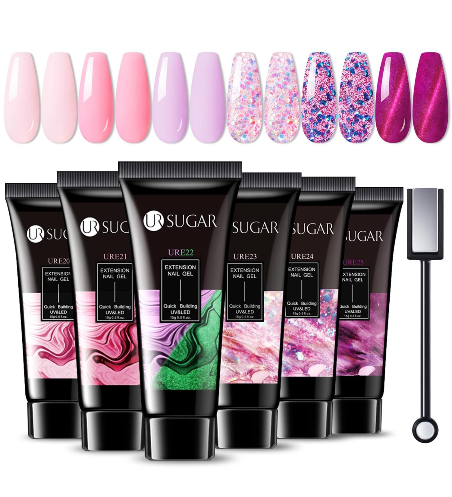 Ur Sugar PolyGel Set - Cat Eye Magnet Poly Extension Gel | 6 Colors 15ml | Pink Glitter Shines in the Dark - Nail Extension Builder Gel - Buy Online on SooperMarket.com