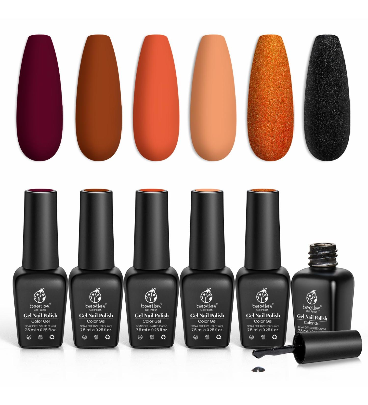 Beetles Gel Nail Polishes Kit - 6 Colors Red Orange Glitter Purple Black Soak Off Varnish Manicure Set for DIY Halloween & Fall Wedding Beauty Gifts - Buy Online on SooperMarket.com