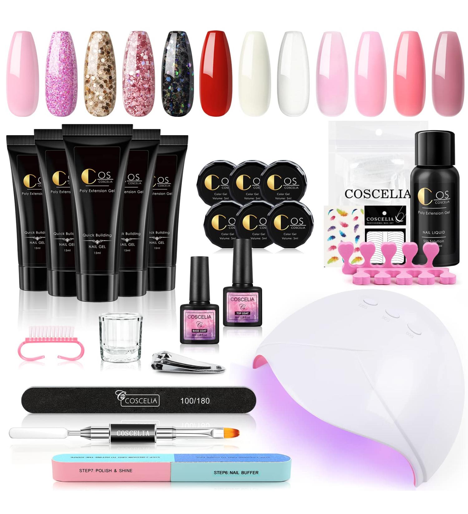 Poly Nail Gel Kit with 36W UV LED Lamp - 6 Nude Colors & 6 Glitter UV Gels, Base and Top Coat, Nail Art Gift Set for Women - Buy Online on SooperMarket.com