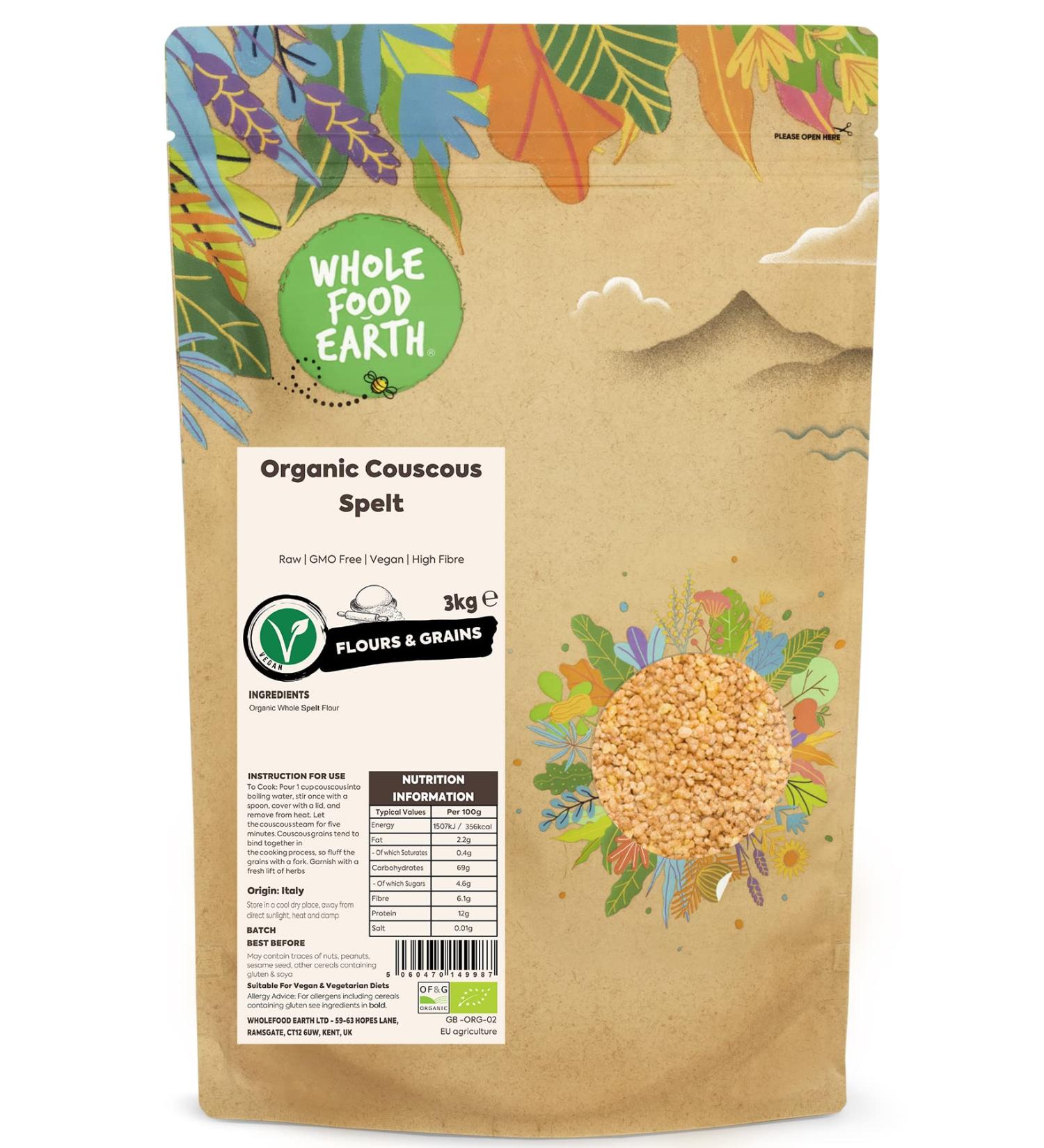 Wholefood Earth Organic Spelt Couscous 3kg | Raw, GMO-Free, Vegan | High Fibre | Certified Organic - Buy Online on SooperMarket.com
