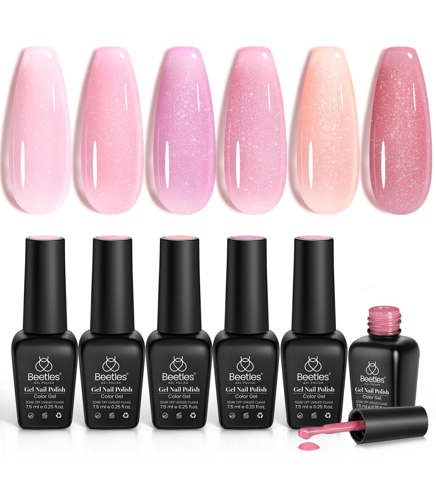 Beetles 6pcs Jelly Glitter Gel Polish Set - Nude Pink Manicure, Soak Off UV LED Cured Shimmer Colors - DIY Nail Art Salon Quality - Buy Online on SooperMarket.com