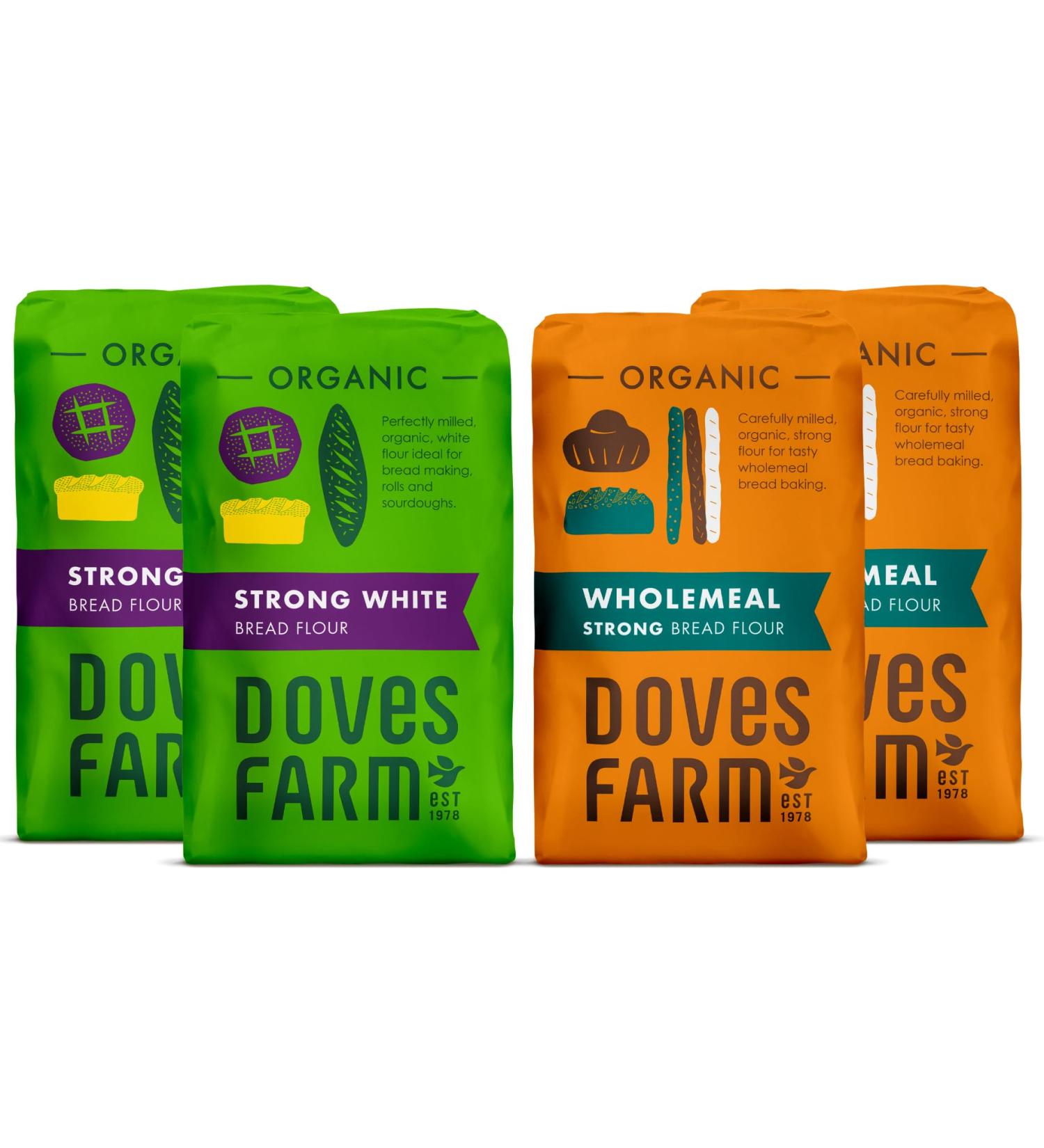 Doves Farm Organic Bread Flour Selection Pack - 2 x Organic Strong White Bread Flour 1.5kg & 2 x Organic Strong Wholemeal Bread Flour 1.5kg | by Alpine Heights - Buy Online on SooperMarket.com
