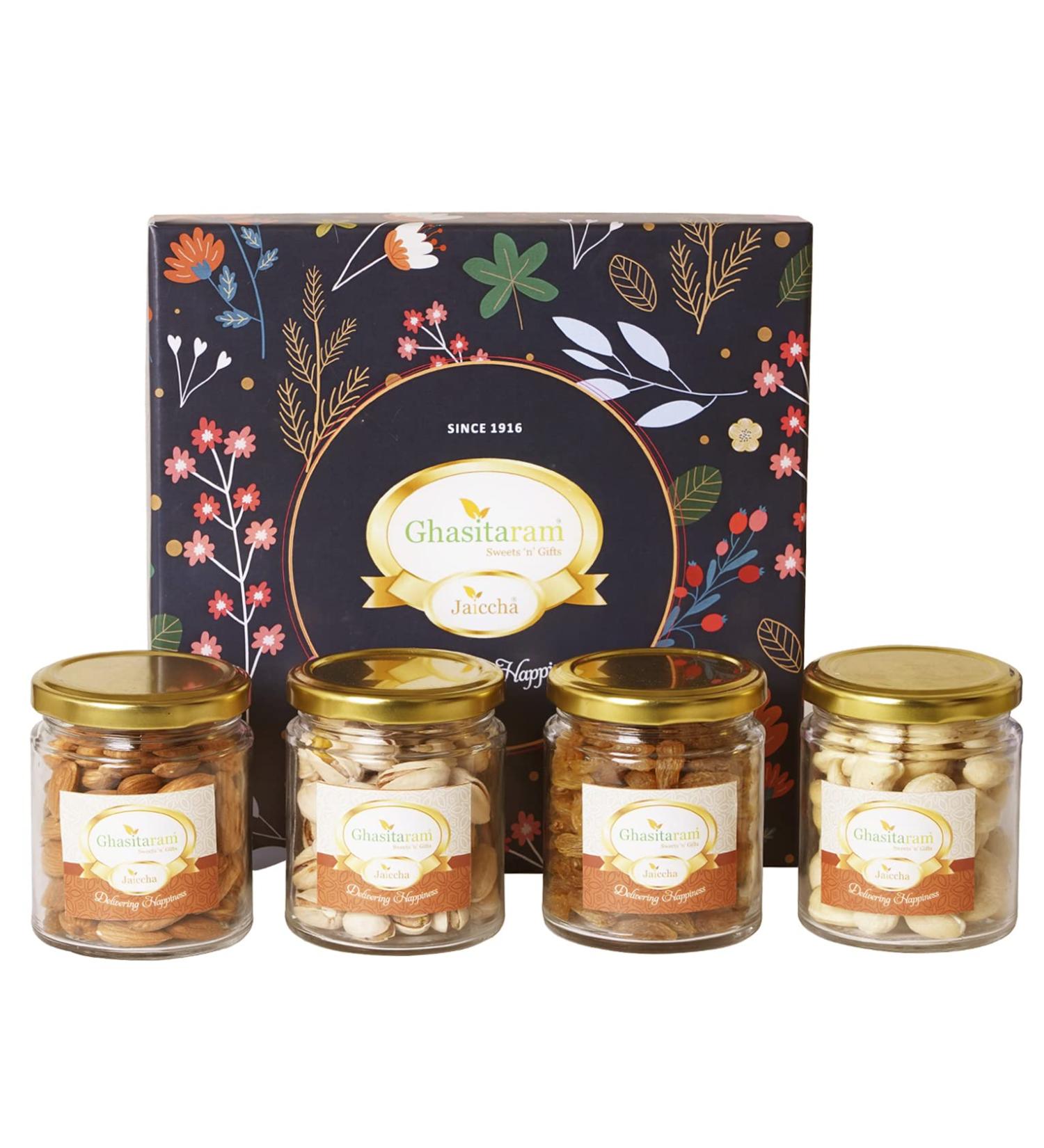 Ghasitaram Gifts Jaiccha Ghasitaram Hamper Box with Dryfruit Jars |Diwali Gifts Holi Rakhi Valentine Christmas Birthday Anniversary Gift for Her Him Mothers Day Fathers Day| - Buy Online on SooperMarket.com