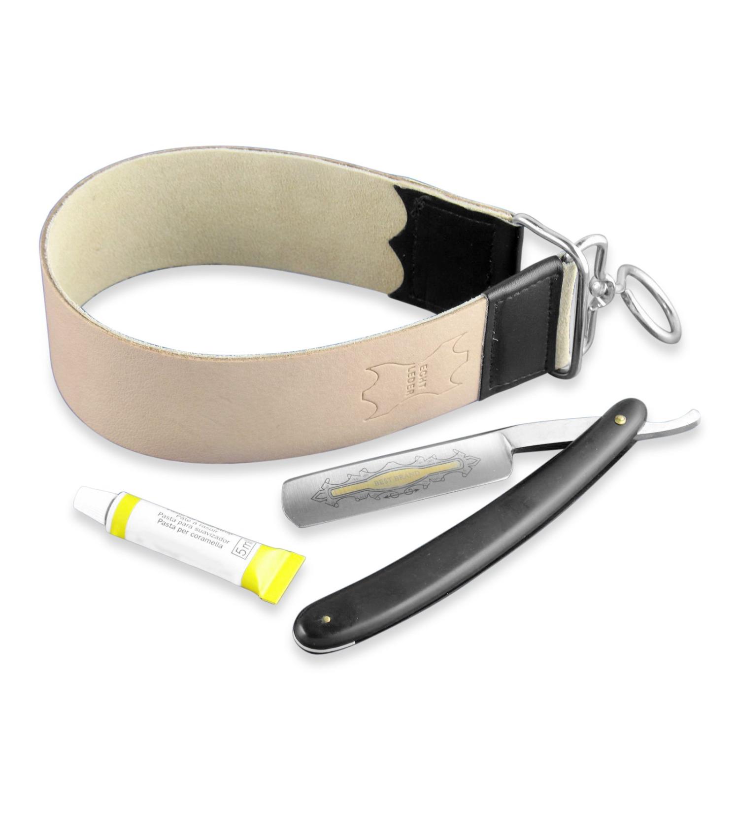 Premium 3-Piece SOLINGEN Shaving Set - Gold Etched Razor Hollow Grind Leather Strop & Paste - International Shipping Available - Buy Online on SooperMarket.com