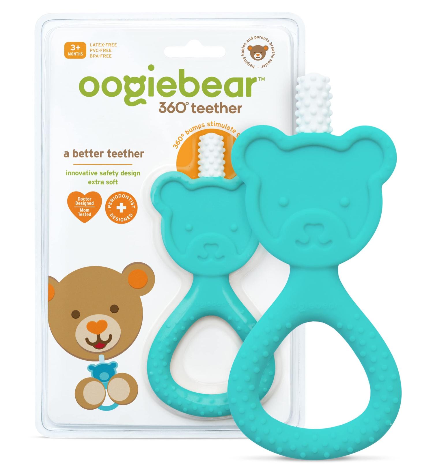 Oogiebear 360 Teether - Safe Teething Toy for Babies 3 Months+ | Soft Bristle Teddy Bear Silicone Teether - Seafoam - Buy Online on SooperMarket.com