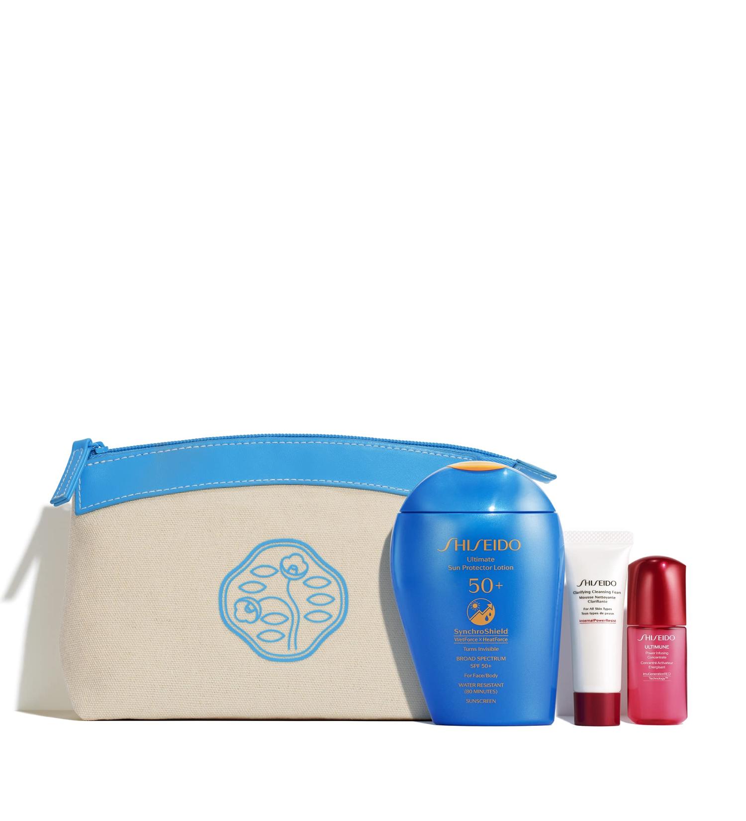 Shiseido Ultimate Active Sun Protection Set with SPF 50+ Lotion, Cleansing Foam, Ultimune Concentrate & Pouch - Buy Online on SooperMarket.com