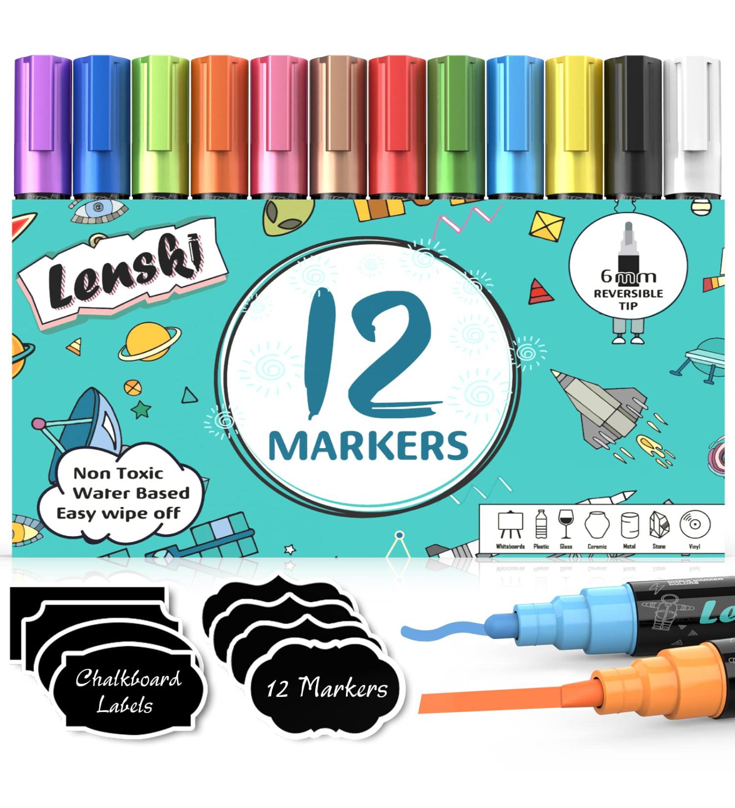 Lenski Chalk Markers Set - 12 Liquid Chalk Pens for Chalkboard, Glass, Kids - Washable & Dry Erase Chalkboard Markers for Labels, Signs, Menu - Buy Online on SooperMarket.com