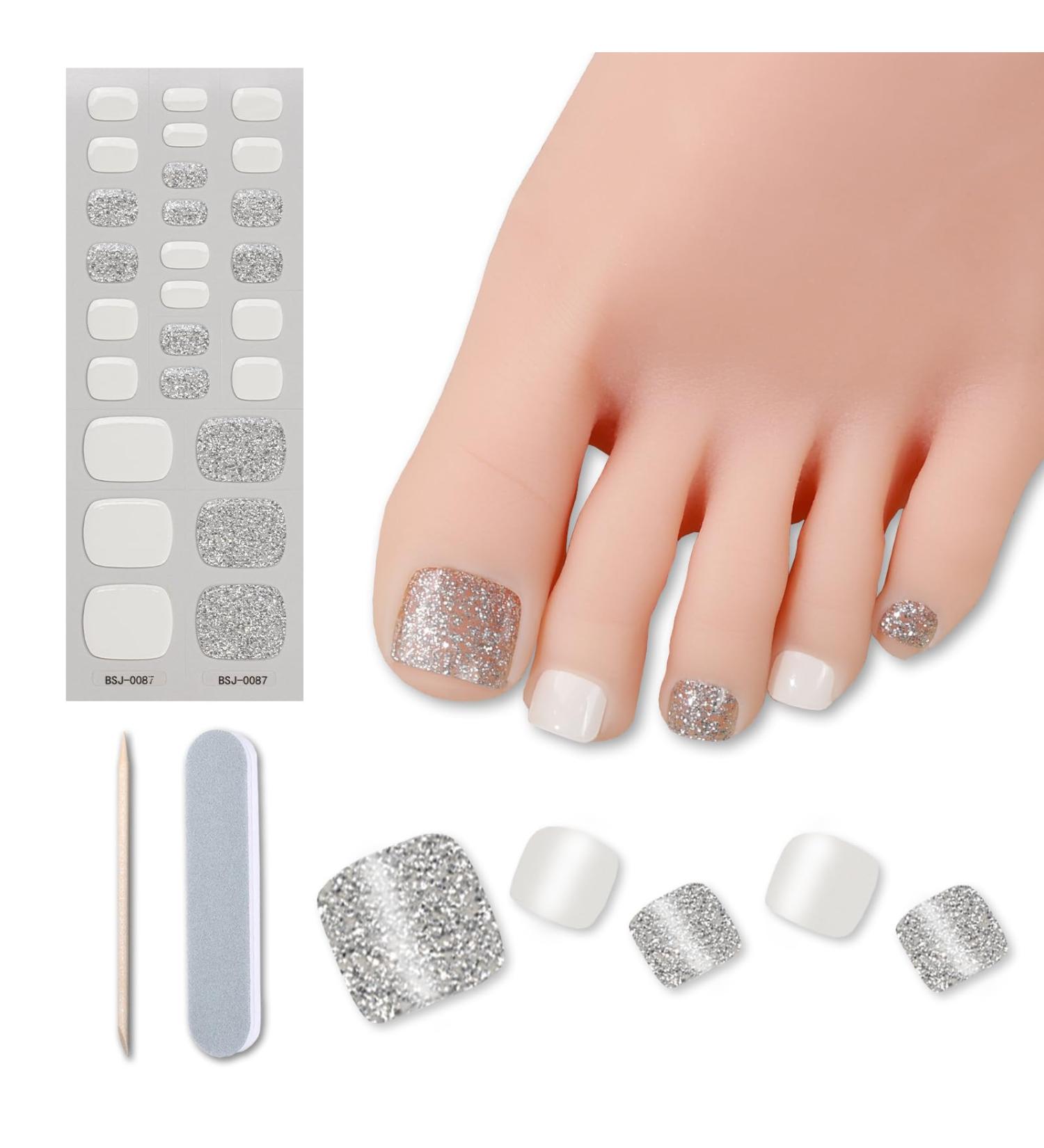 Semi Cured Gel Nail Strips Toenail Wraps Soft Self-Adhesive Gel Pedicure Stickers Salon-Quality Long Lasting Easy to Apply & Remove (Glitter & White) - Buy Online on SooperMarket.com