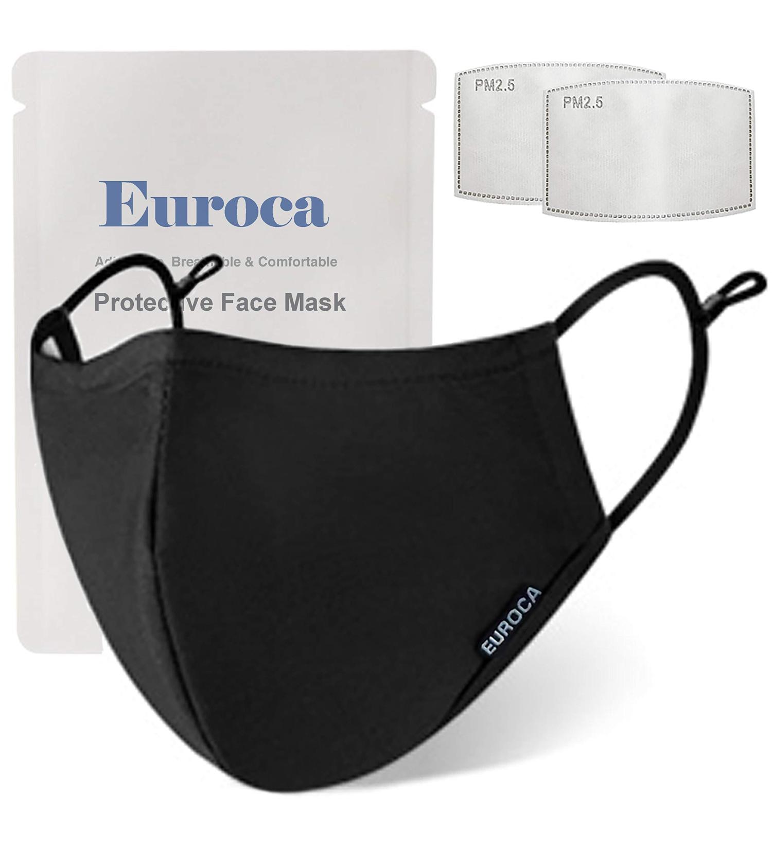 Euroca Face Masks 3 Layer Reusable Washable Adjustable Made from Cotton Fabric for Adults - 2 Filters Included Black - Buy Online on SooperMarket.com