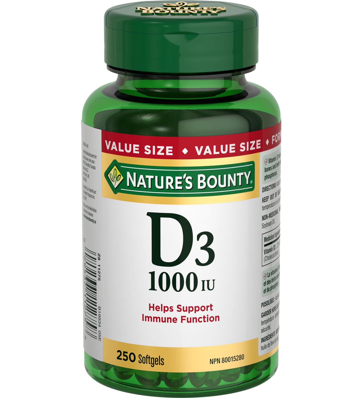 Nature's Bounty Vitamin D3 1000IU Supplement Helps Maintain Immune Function Bones and Teeth 250 Softgels - Buy Online on SooperMarket.com