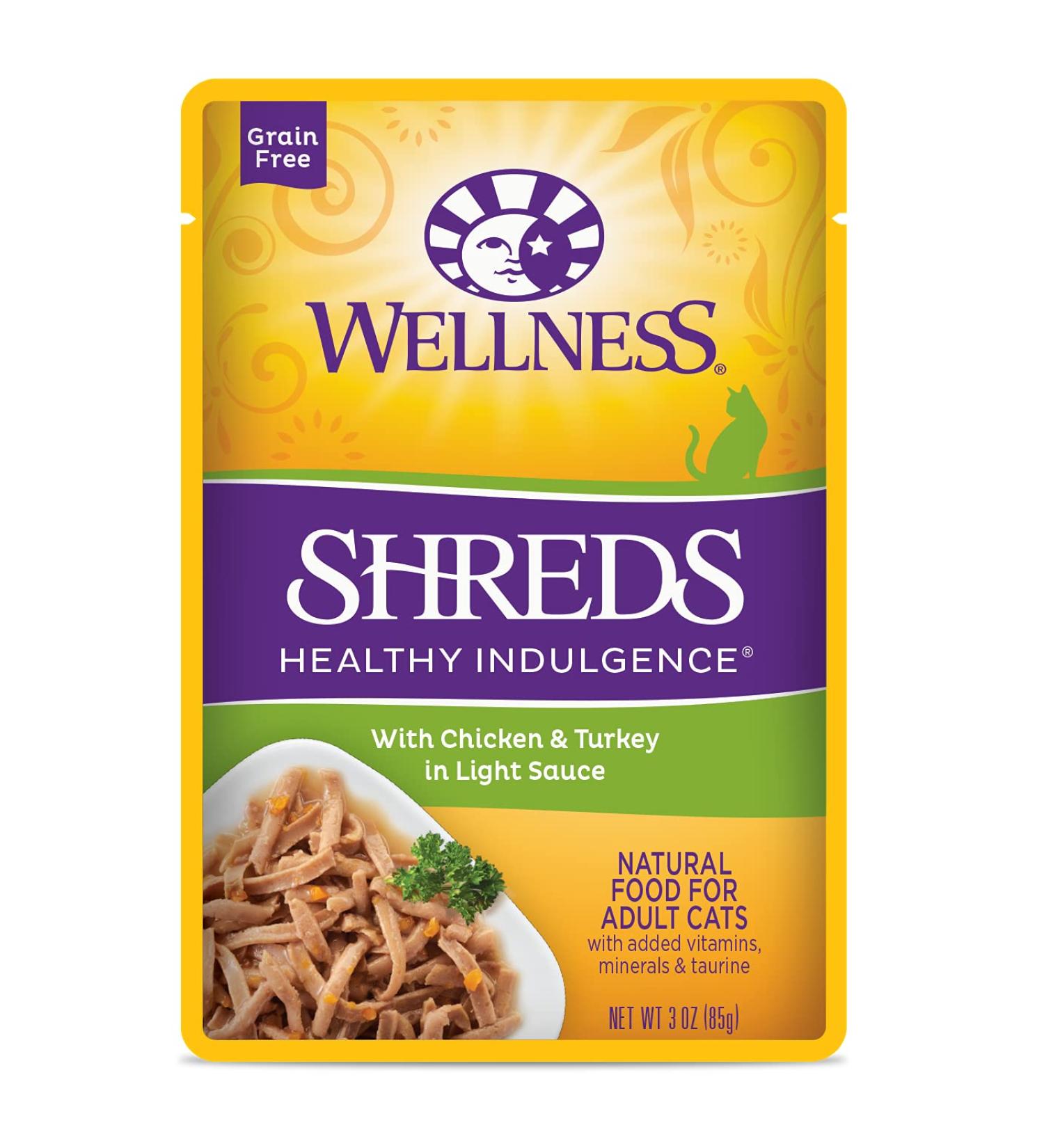 Wellness Grain-Free Wet Cat Food Pouches - Chicken & Turkey, Shredded Protein in Gravy, 24-Pack - Natural, Adult, 3 oz - Buy Online on SooperMarket.com
