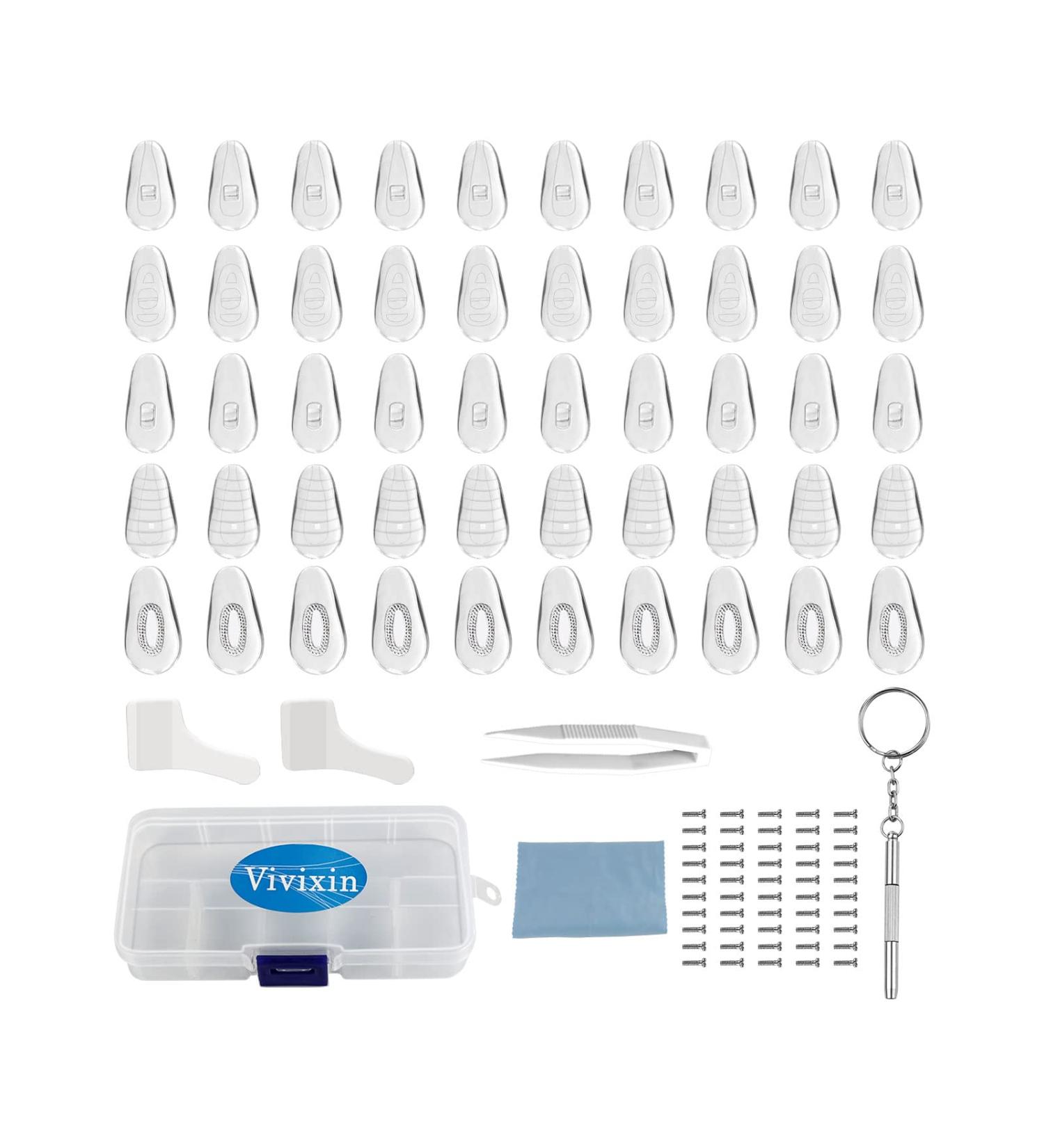 Vivixin Eyeglasses Nose Pads 25 Pairs - Repair Kit with Screwdriver, Screws, Tweezer, Cleaning Cloth - Anti-Slip Silicone Ear Grip - Nose Pad Replacement for Sunglasses & Reading Glasses - Buy Online on SooperMarket.com