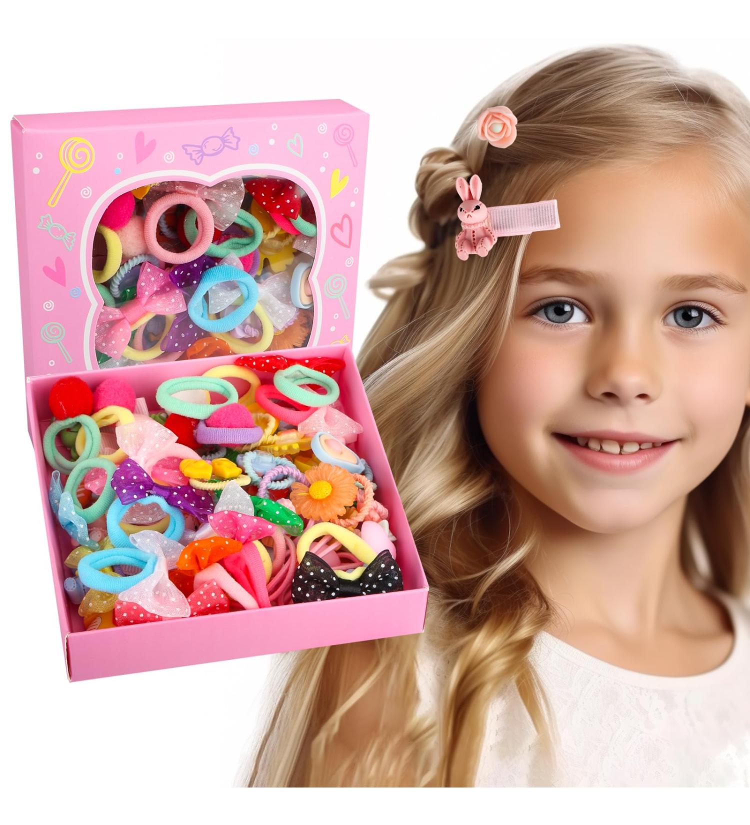 HQCM 60 PCS Seamless Ponytail Holder Hair Accessories for Girls - Multicolor Mini Baby Cartoon Hair Ties with Bow, Elastic Bands, and Clips for Kids - Buy Online on SooperMarket.com