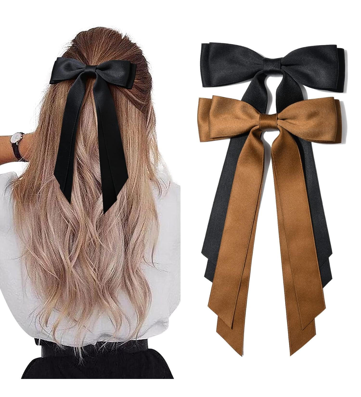 2PCS Silky Satin Hair Bows Hair Clip Black Hair Ribbon Ponytail Holder Accessories Slides Metal Clips Hair Bow for Women Girls Toddlers Teens Kids (Black+Coffee) - Buy Online on SooperMarket.com