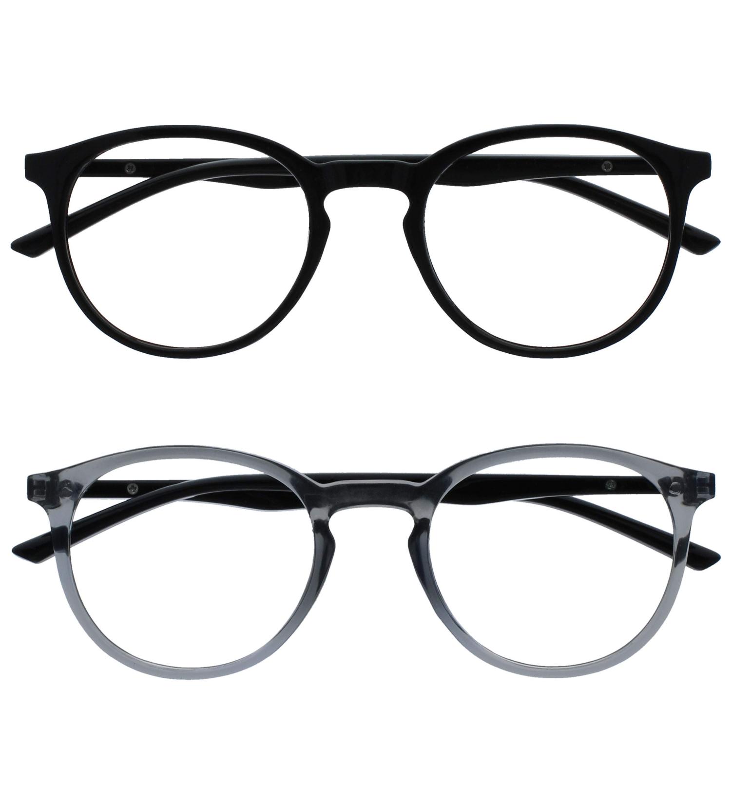 Opulize MET Reading Glasses 2 Pack - Slim Round Frame Spring Hinges Scratch-Resistant - Black Transparent & Gray for Men & Women +2.00 Diopters - Buy Online on SooperMarket.com