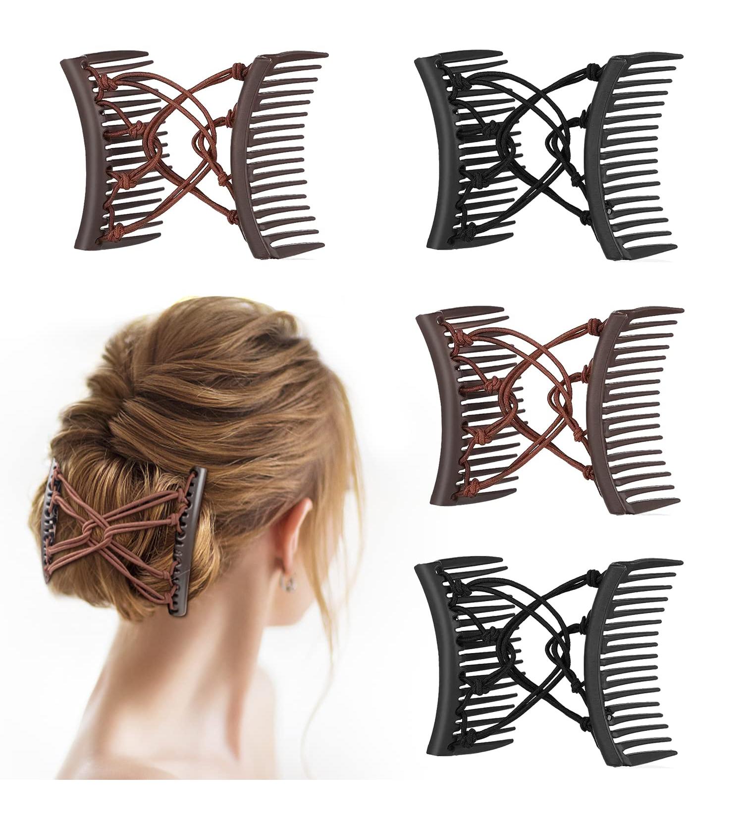 4-Piece Stretchy Double Comb Hair Clips for Women - Adjustable Elastic Hair Accessories for Thick, Curly, Thin Hair - Magic Hair Clip Combs in Coffee and Black - Buy Online on SooperMarket.com