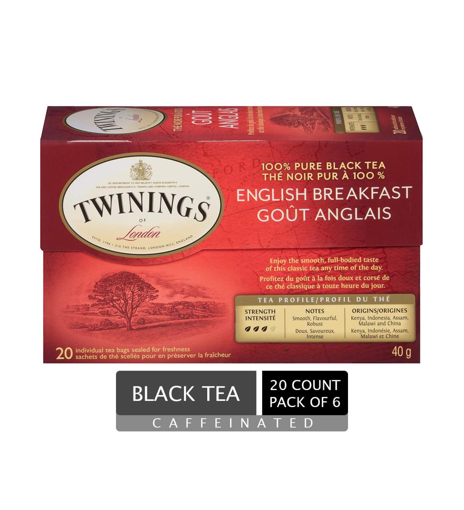 Twinings English Breakfast Individually Wrapped Tea Bags | Smooth Flavourful Black Tea | 20 Count (Pack of 6) | Enjoy Hot or Iced English Breakfast 20 Count (Pack of 6) - Buy Online on SooperMarket.com