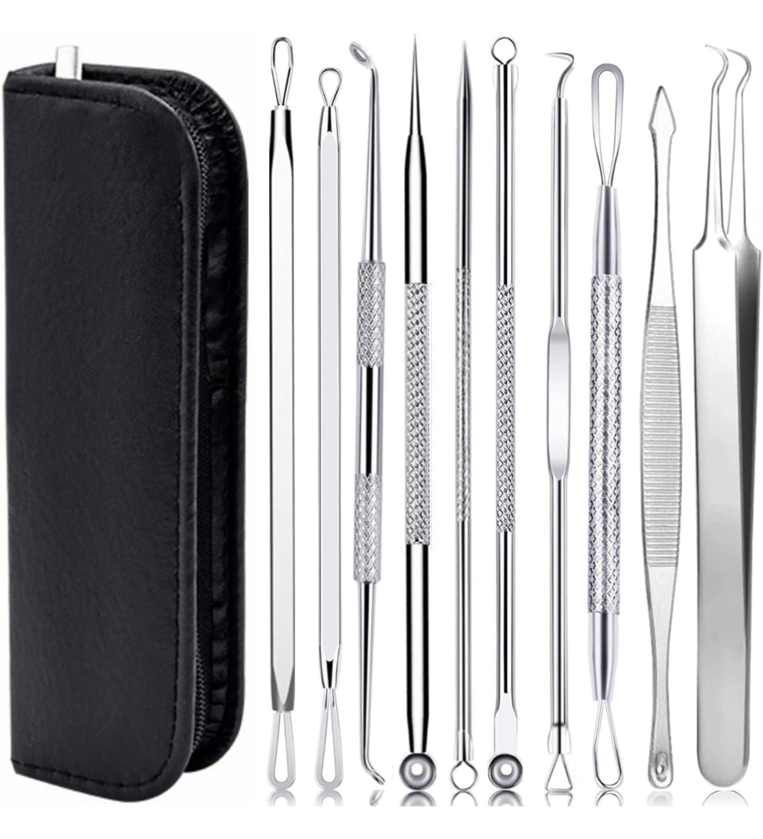 Aibee 10pcs Blackhead Remover Set - Stainless Steel Comedone Squeezer & Pimple Tweezers for Facial & Acne Care - Best Blackhead Removal Tools - Buy Online on SooperMarket.com