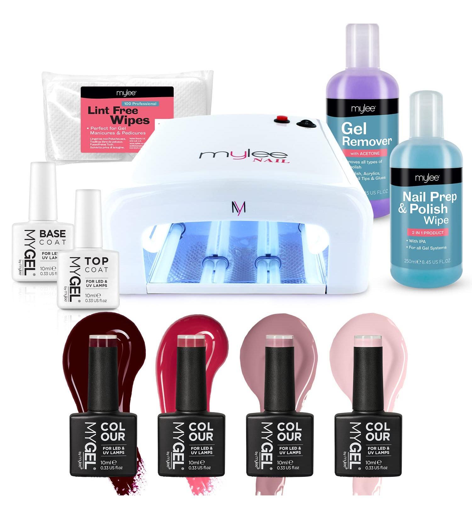 MyGel Nail Gel Polish Kit with UV Lamp - 4 Colours, Top & Base Coat, Mylee Prep + Wipe Remover - White Lamp Included - Buy Online on SooperMarket.com