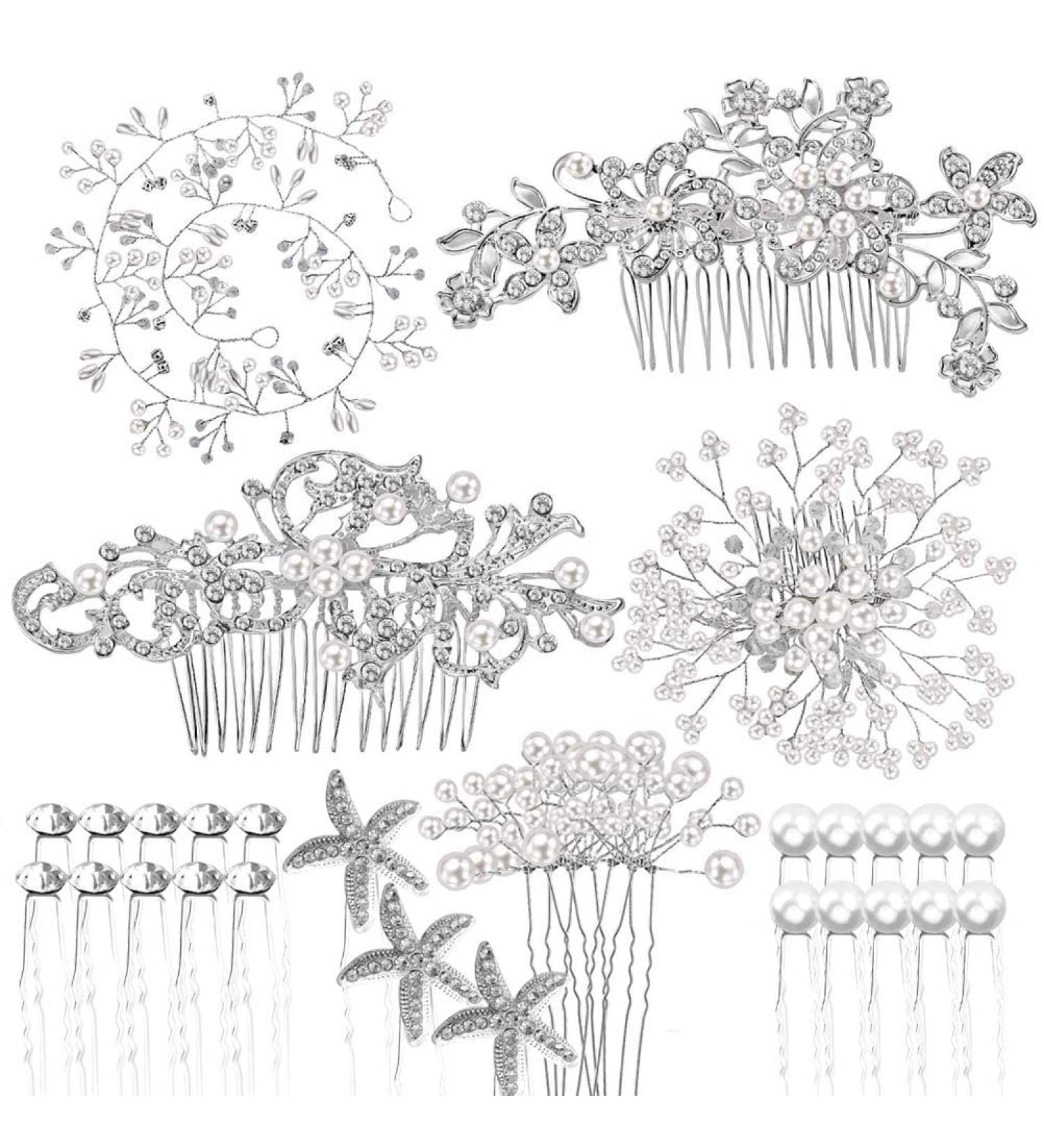 Bridal Wedding Hair Combs - 44 Pcs Pearl Crystal Accessories | Silver Rhinestone Spiral Pins for Brides, Bridesmaids - U Shaped Clips for Women - Buy Online on SooperMarket.com