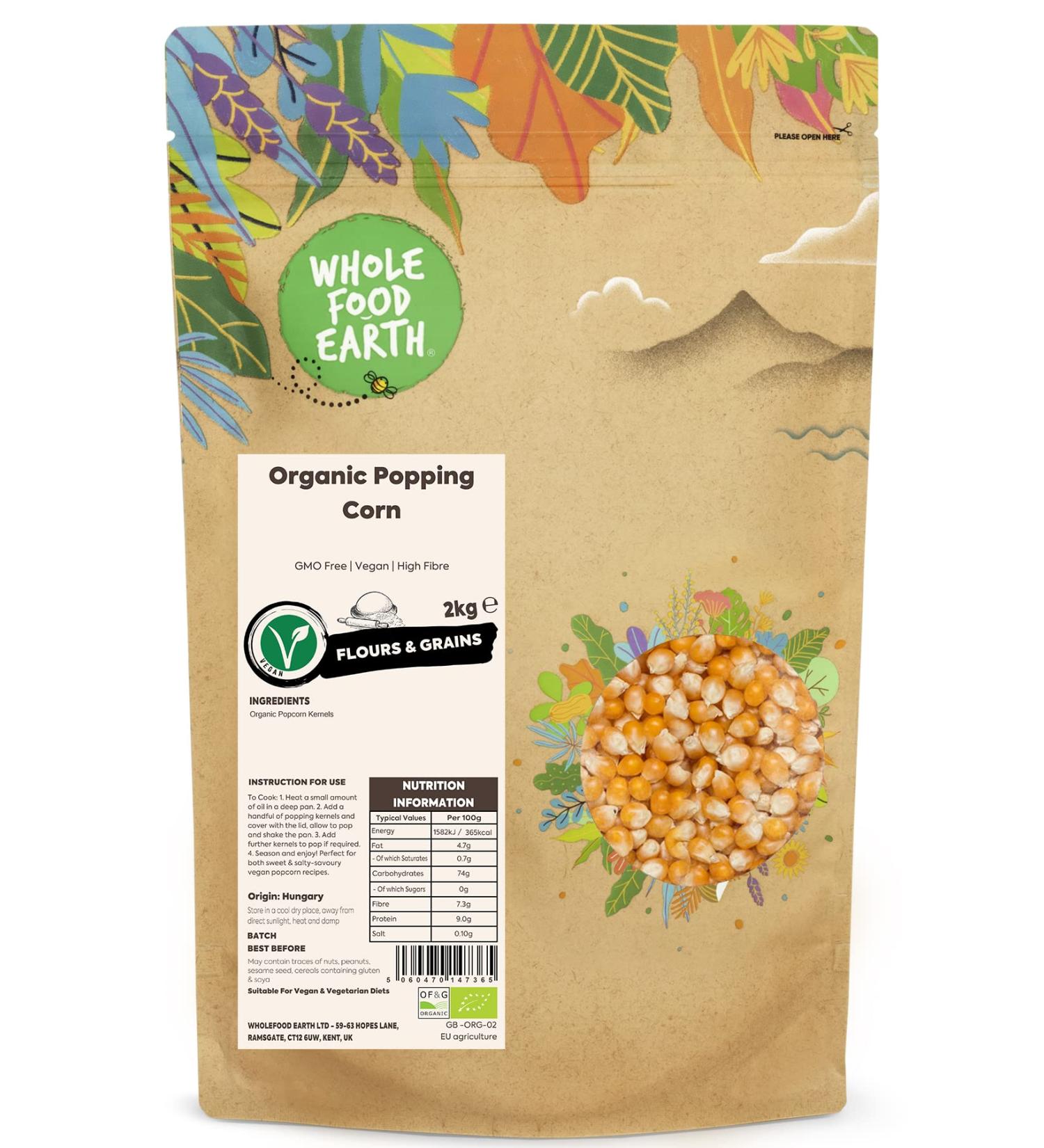 Wholefood Earth Organic Popping Corn 2kg - GMO Free, Vegan, High Fibre | Certified Organic Sweet-And-Salty Snack - Buy Online on SooperMarket.com