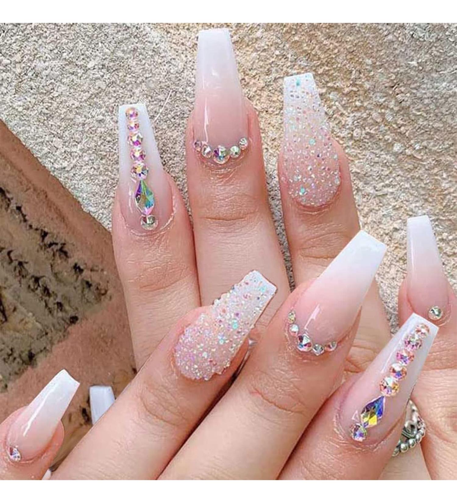 Pink Glitter Gradient Medium Ballerina Press on Nails with Crystal Gem Design - 24Pcs Luxurious False Nails Set for Women & Girls - Buy Online on SooperMarket.com