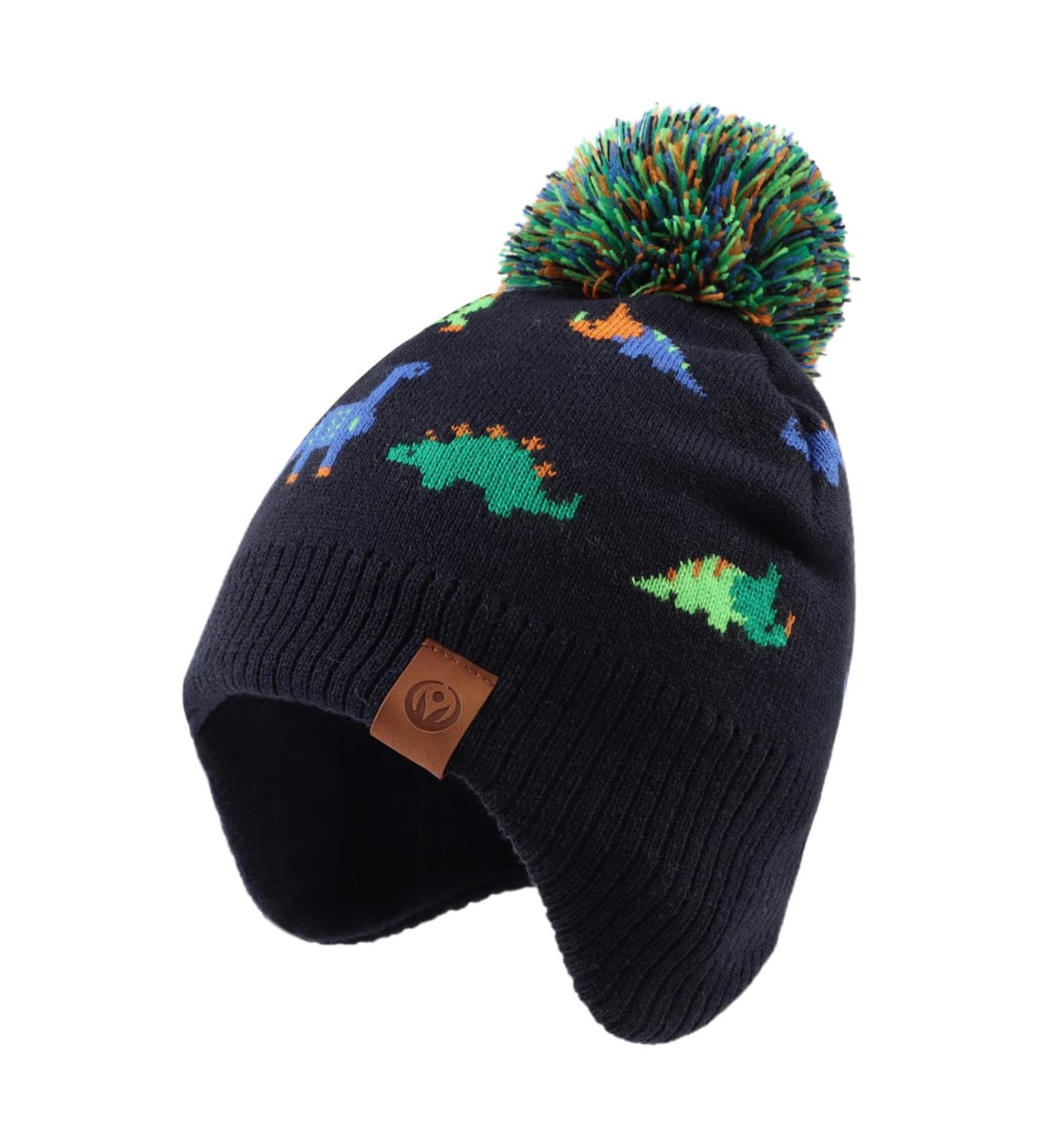 XIAOHAWANG Knitted Baby Hat with Pompom | Winter Warm Fleece Lined Kids Beanie | Colorful Dinosaur Design | 2-4 Years - Buy Online on SooperMarket.com