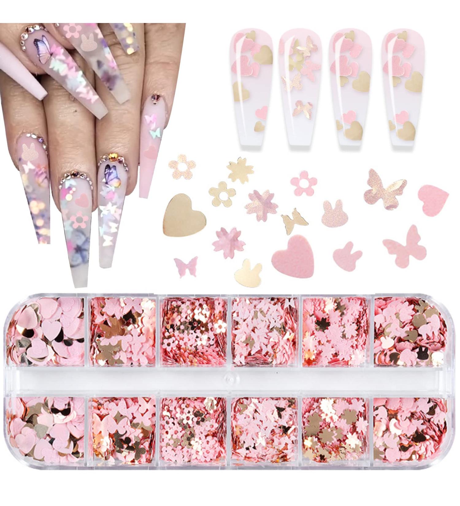12 Grids Holographic Nail Glitter Set for Acrylic Nails - Butterfly Flower Heart Rabbit Pink Gold Sequins for Valentine's Day Nail Decoration - Buy Online on SooperMarket.com