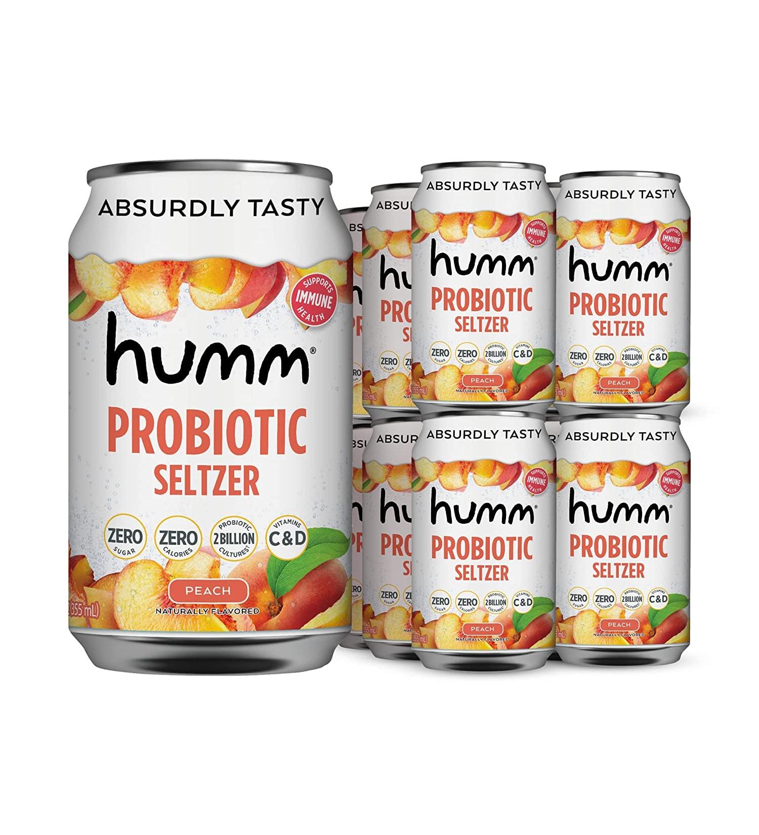 Humm Sparkling Probiotic Peach Seltzer - Zero Sugar & Calorie, 2 Billion Probiotics, Vitamin C, D & B12 - 12 fl oz (12 Pack) - Buy Online on SooperMarket.com