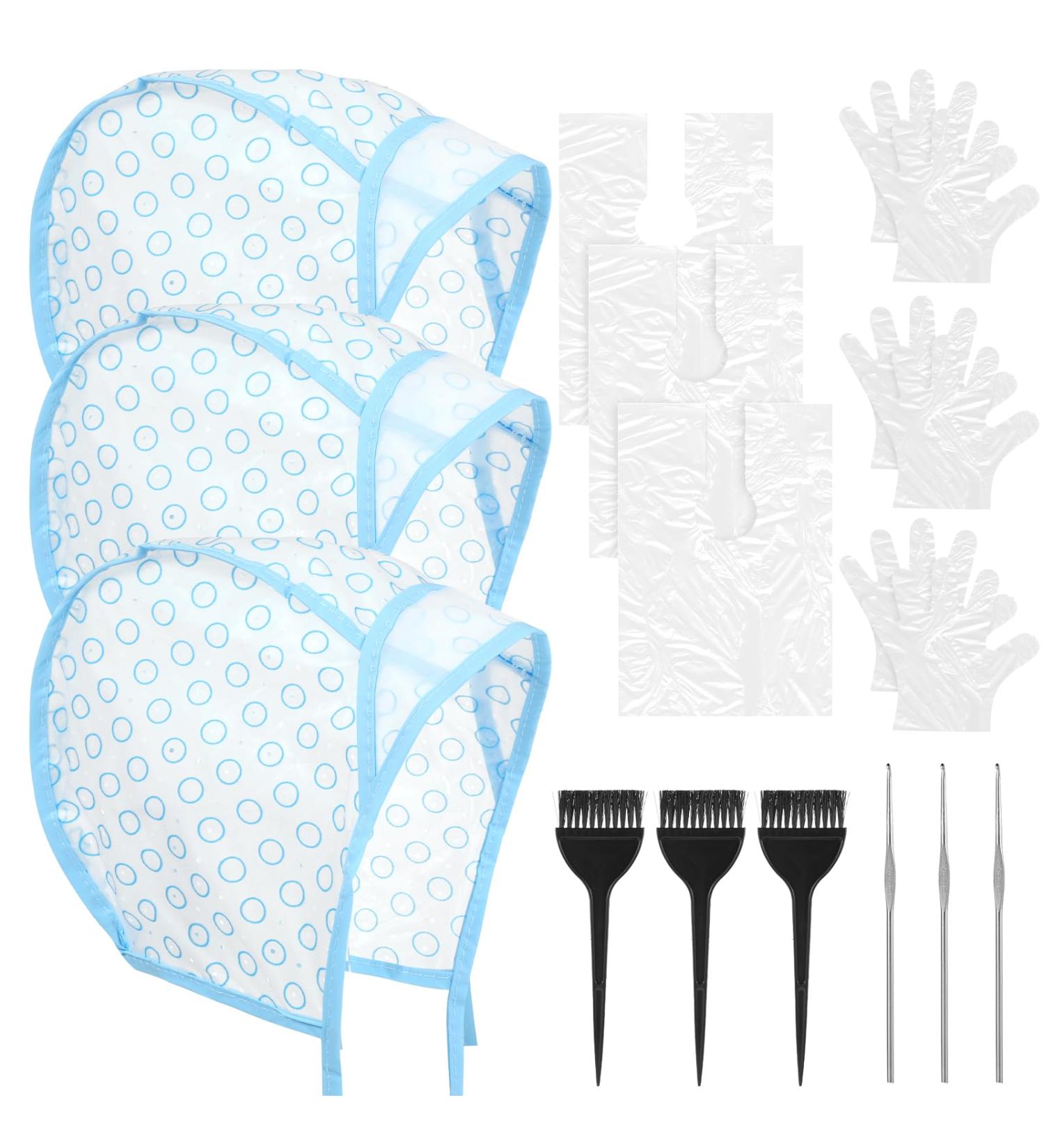 Hair Highlighting Cap Set - 3 Sets with Crochet Hooks Brushes Gloves & Shawl for Salon-Quality Highlights (Blue) - International Shipping Available - Buy Online on SooperMarket.com