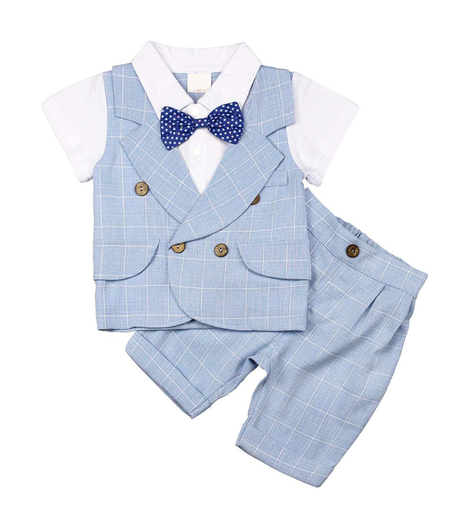 AmzBarley Baby Boys Gentleman Suit Set | Blue Tuxedo Rompers with Bowtie | 6-12 Months - Buy Online on SooperMarket.com
